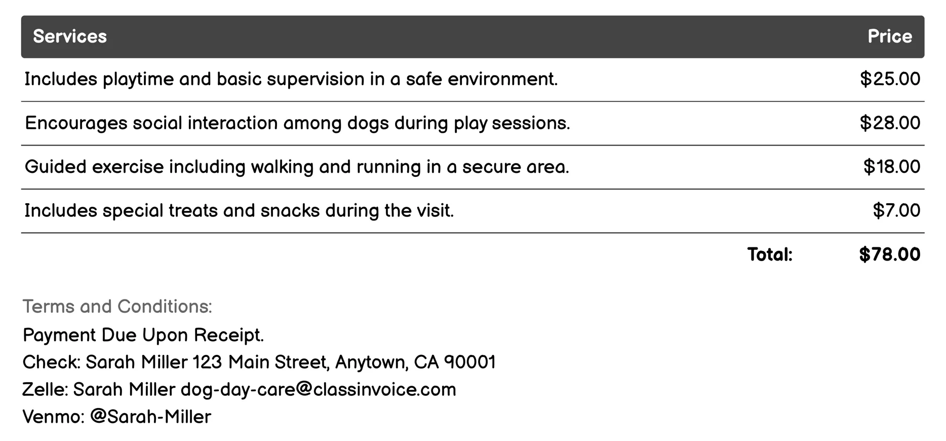 Drop-in Services Invoice Example