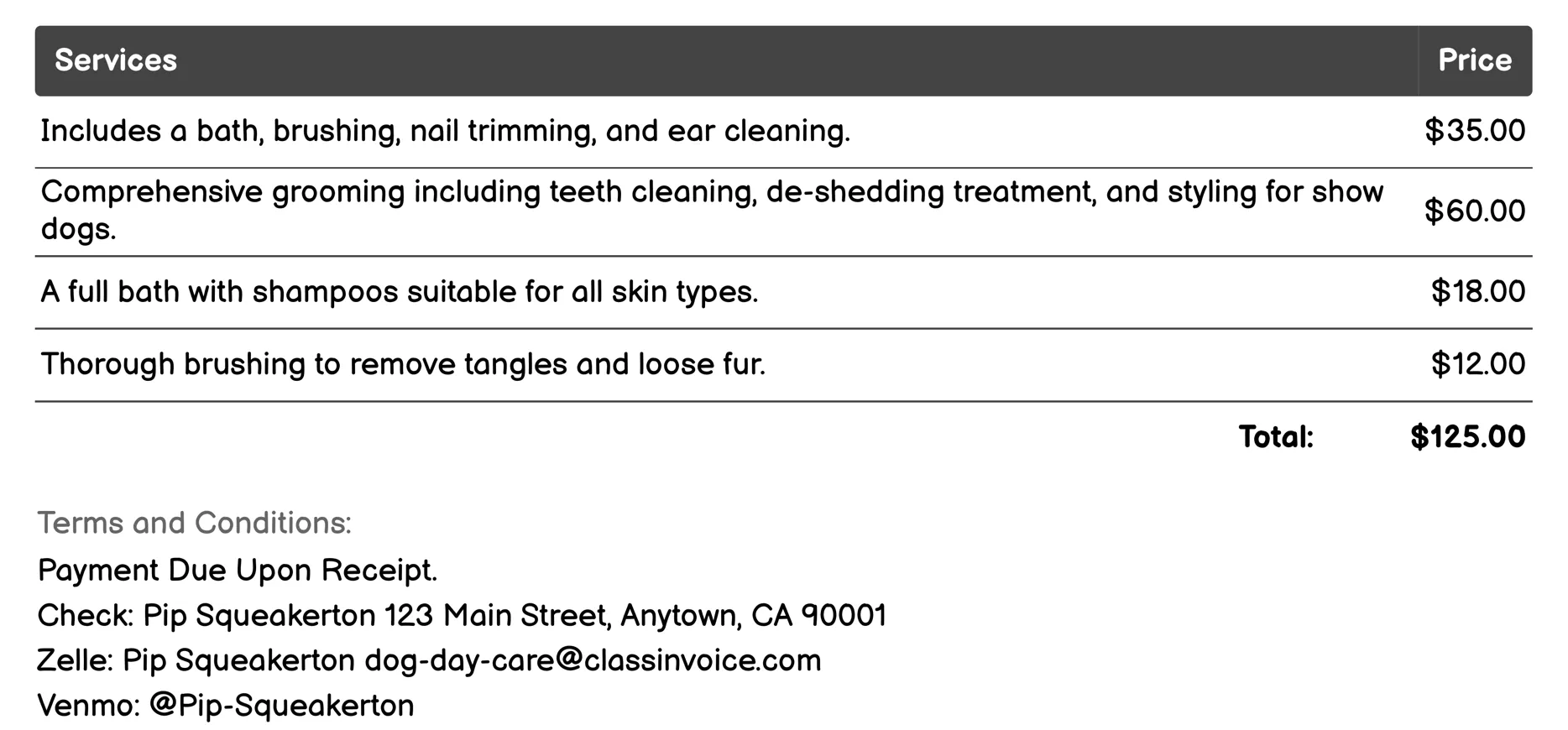 Grooming Services Invoice Example