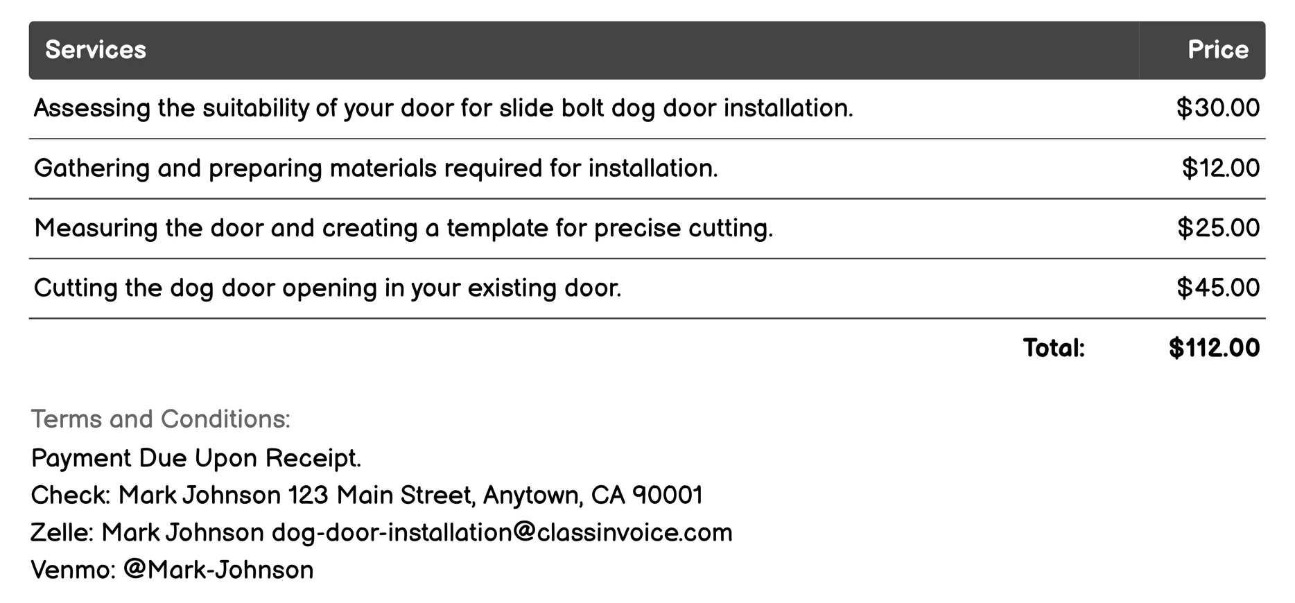 Slide Bolt Dog Door Invoice Example
