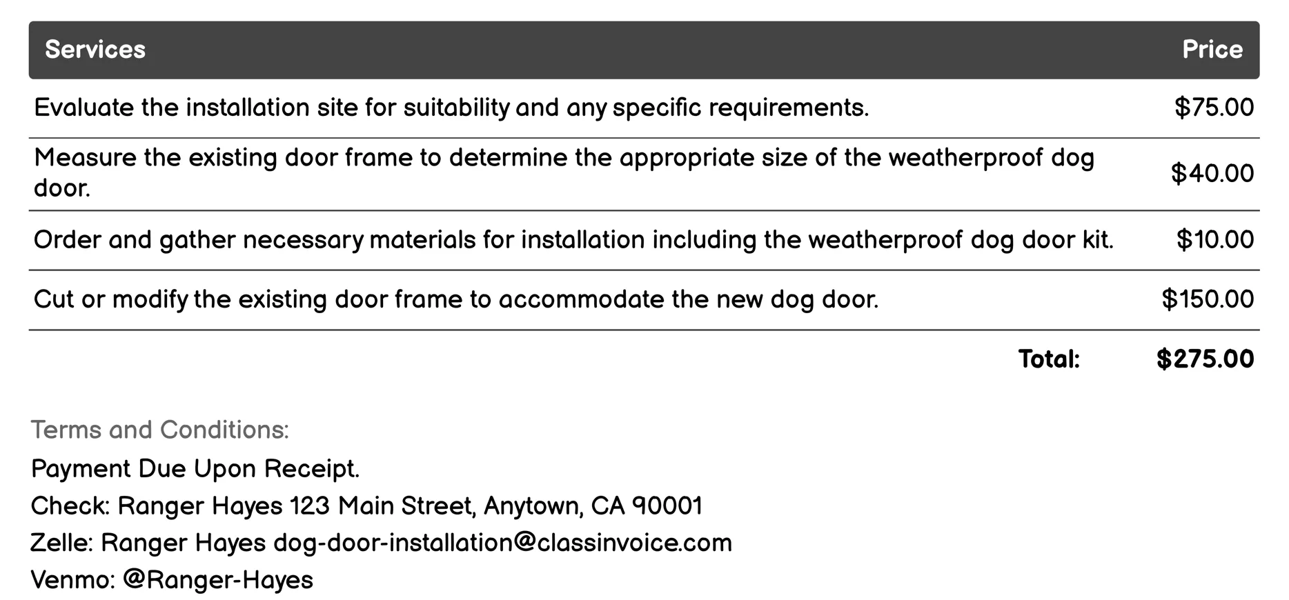 Weatherproof Dog Door Invoice Example
