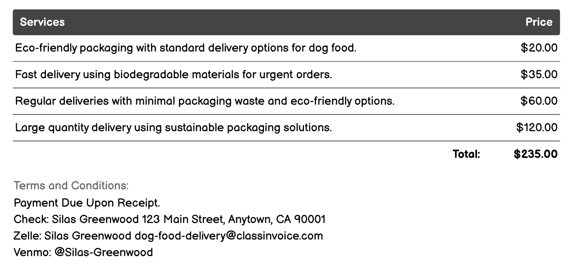 Eco-friendly packaging delivery Invoice Example