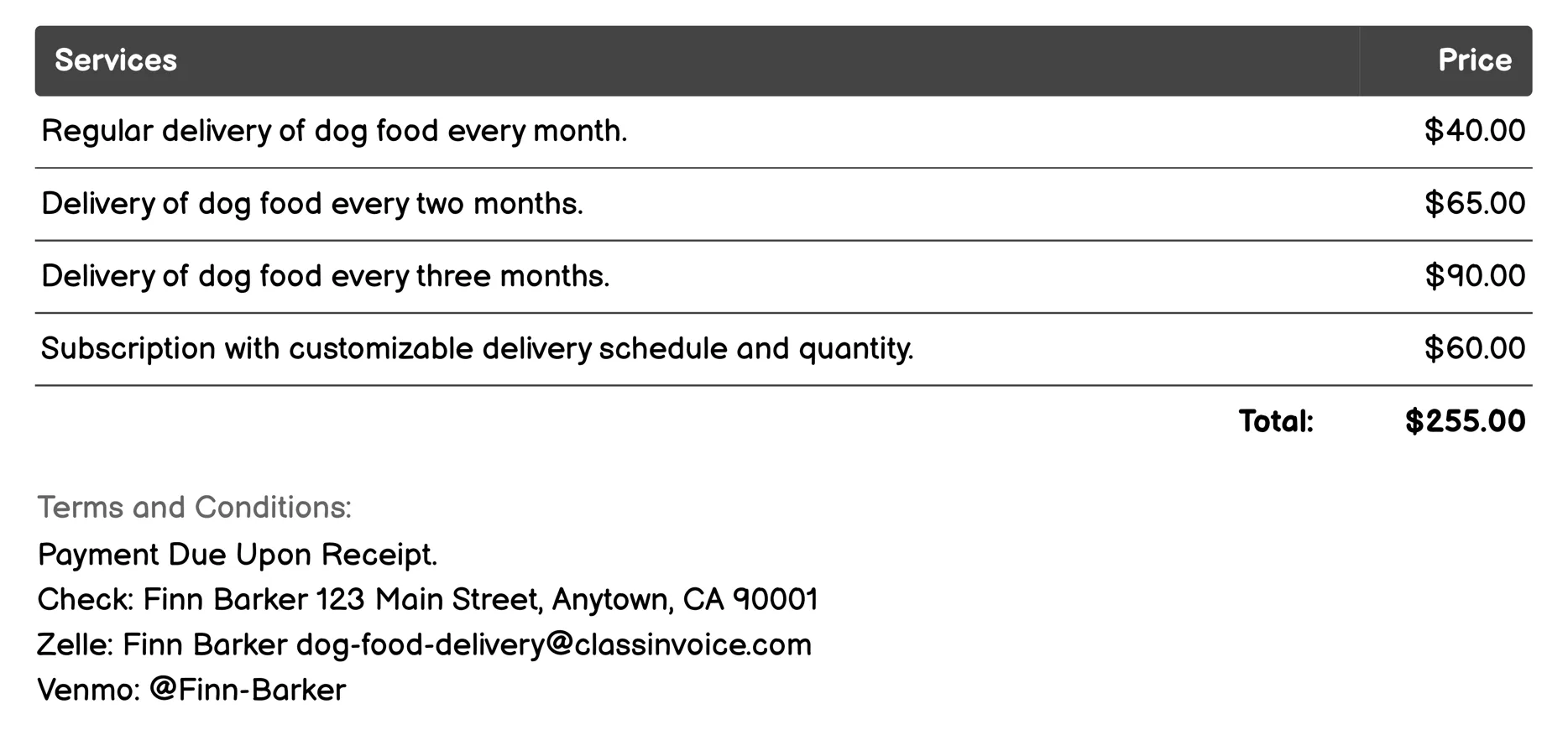 Subscription-based delivery Invoice Example