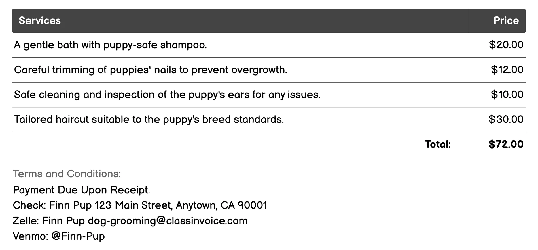 Puppy Grooming Invoice Example