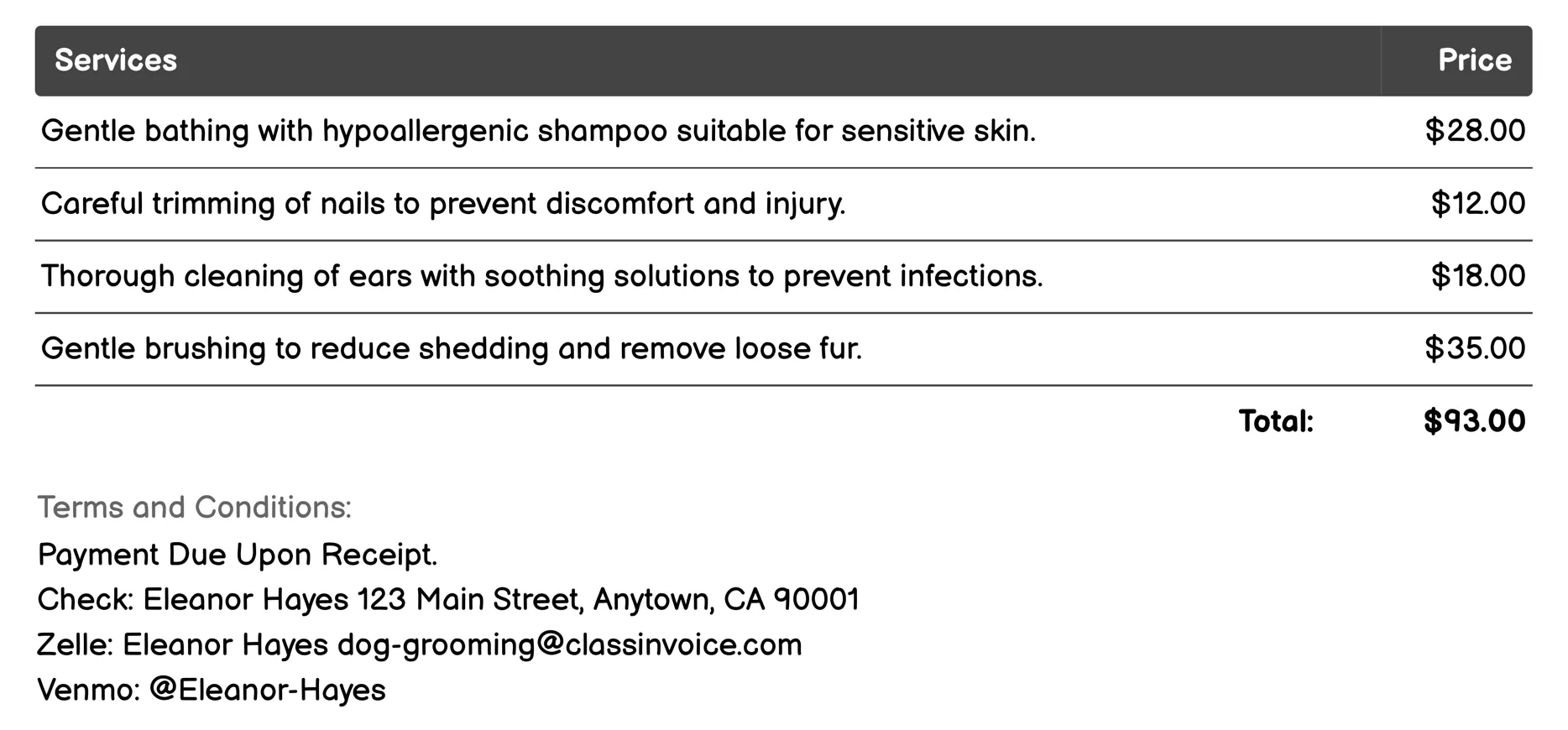Senior Dog Grooming Invoice Example