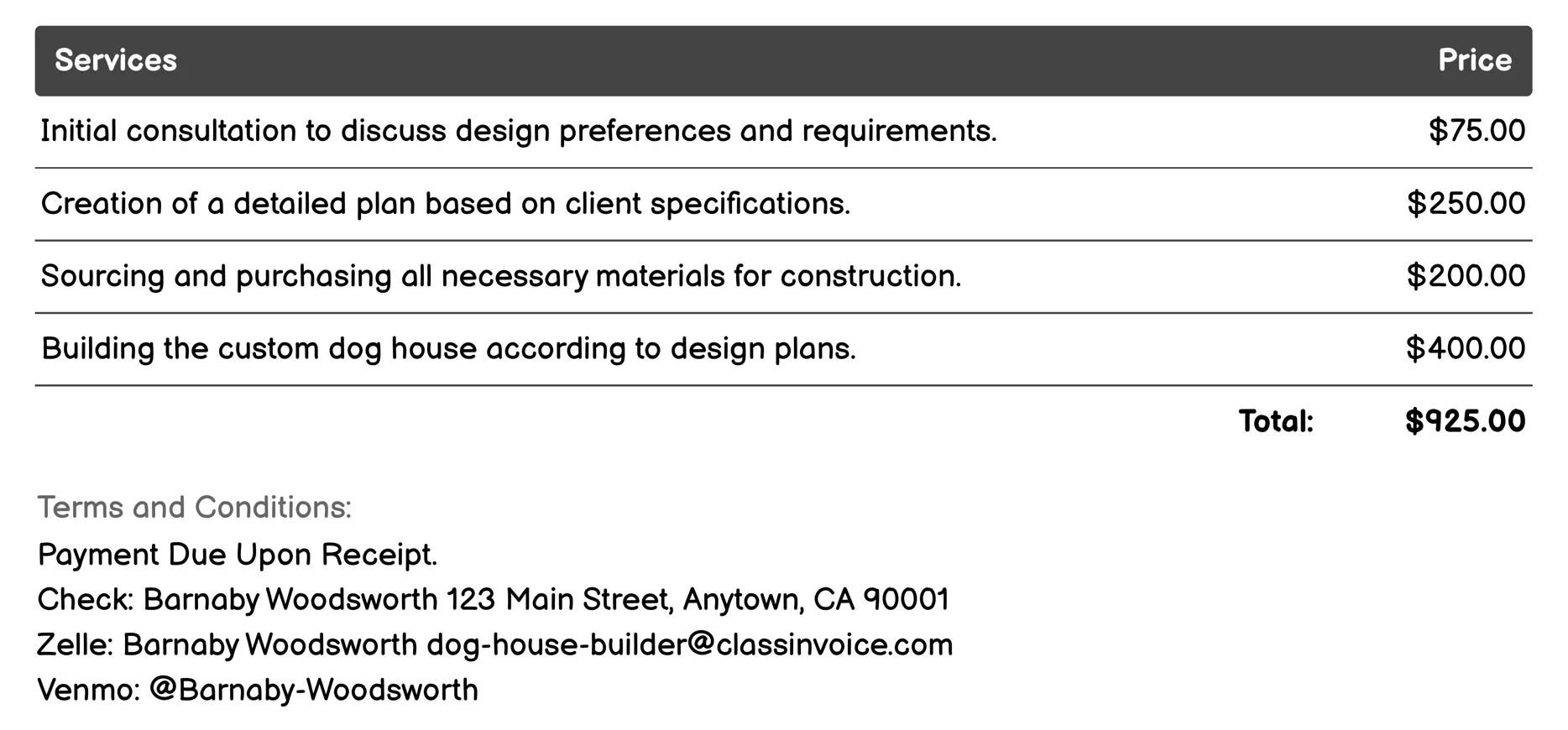 Custom Dog Houses Invoice Example