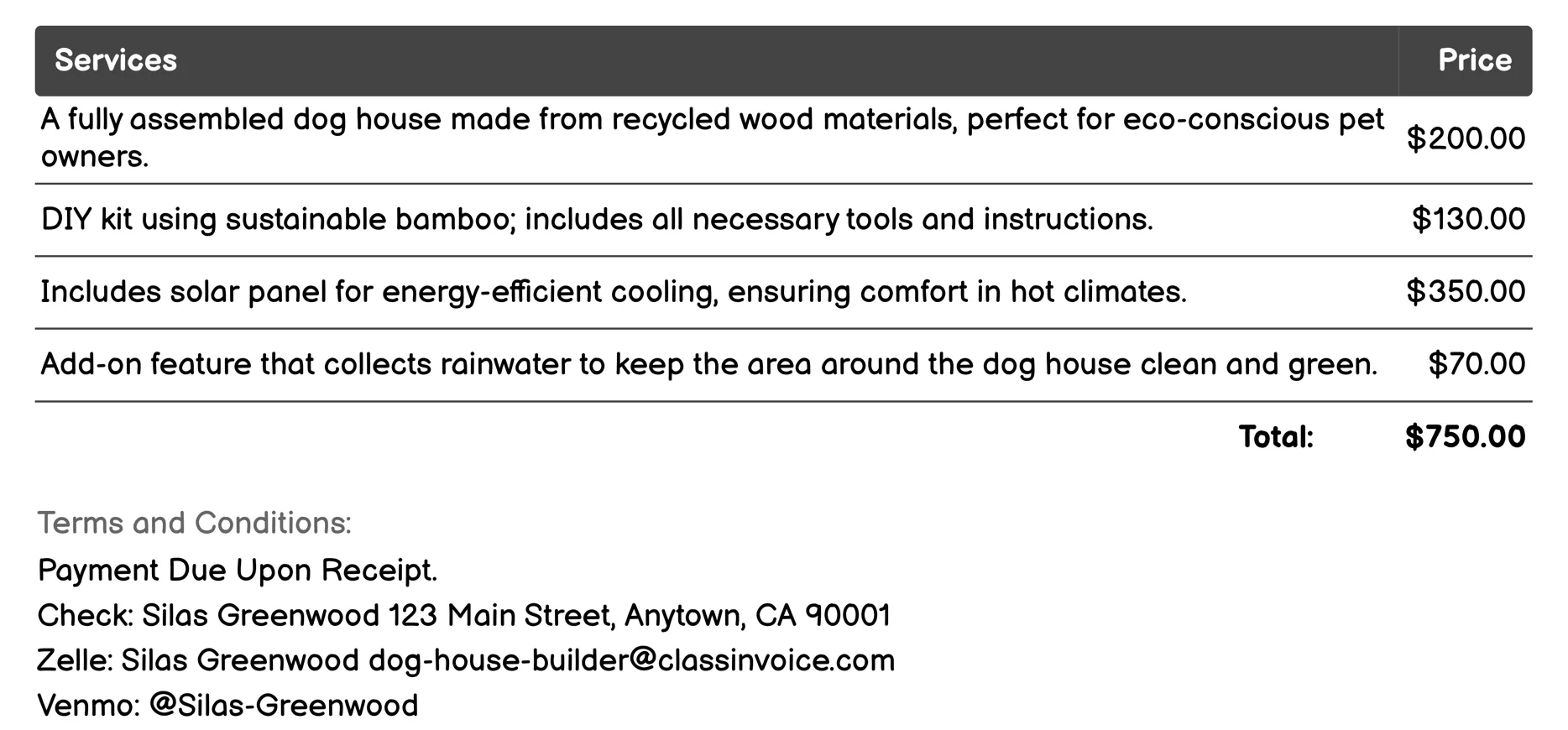 Eco-Friendly Dog House Options Invoice Example