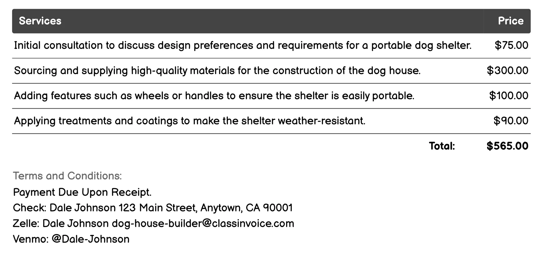 Portable Dog Shelters Invoice Example