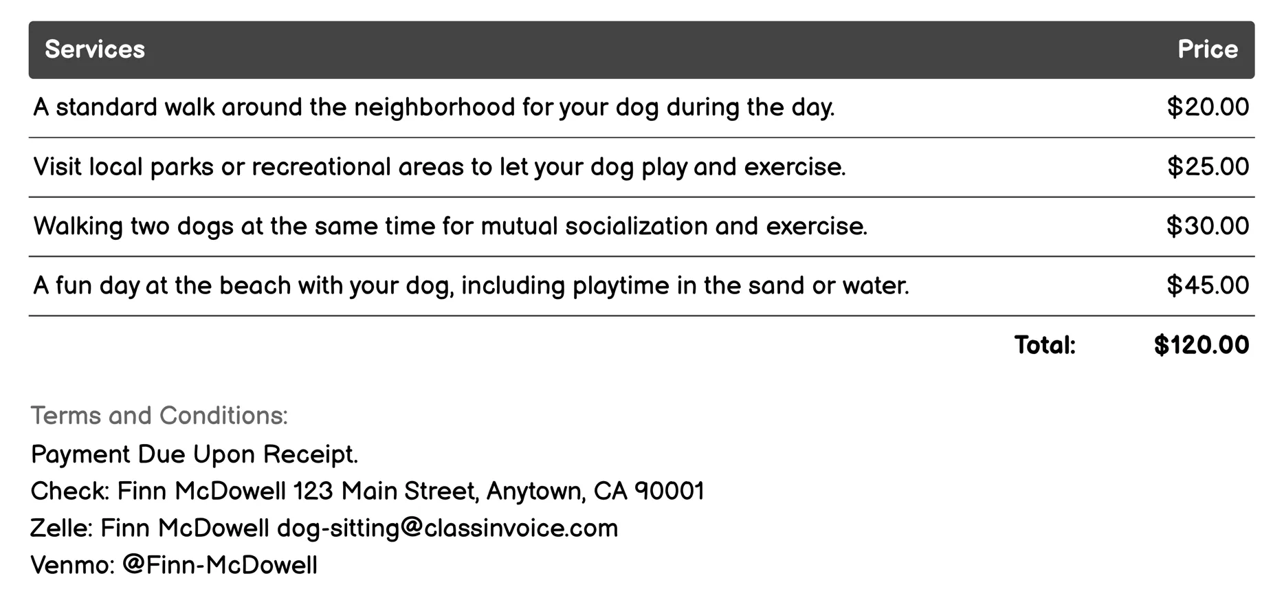 Daytime Dog Walking Invoice Example