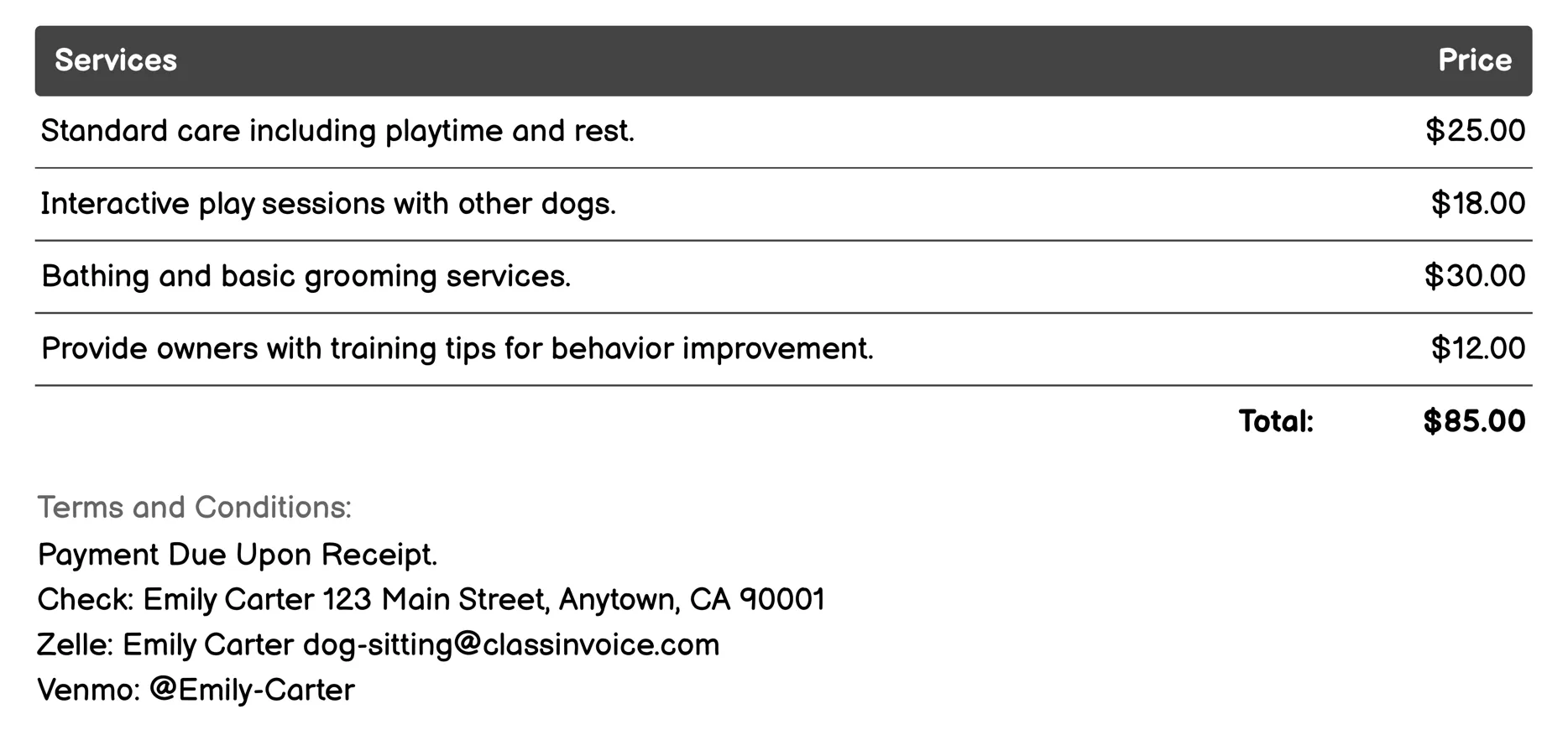 Doggy Daycare Invoice Example
