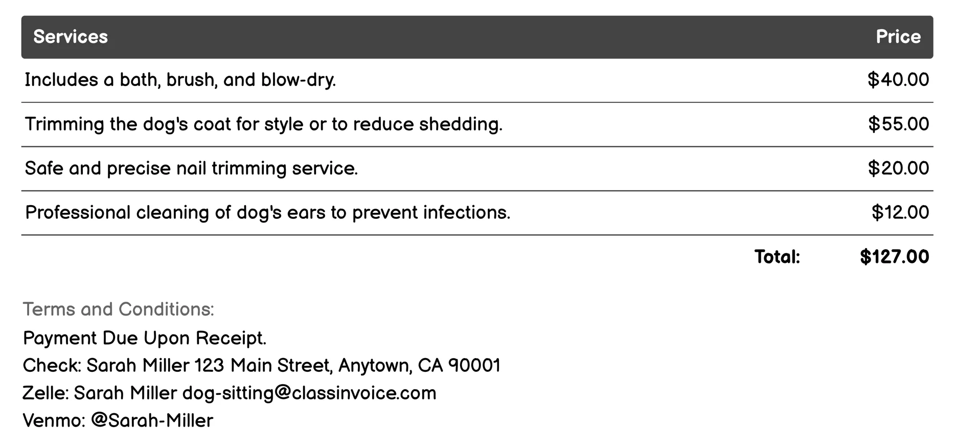 Grooming Services Invoice Example