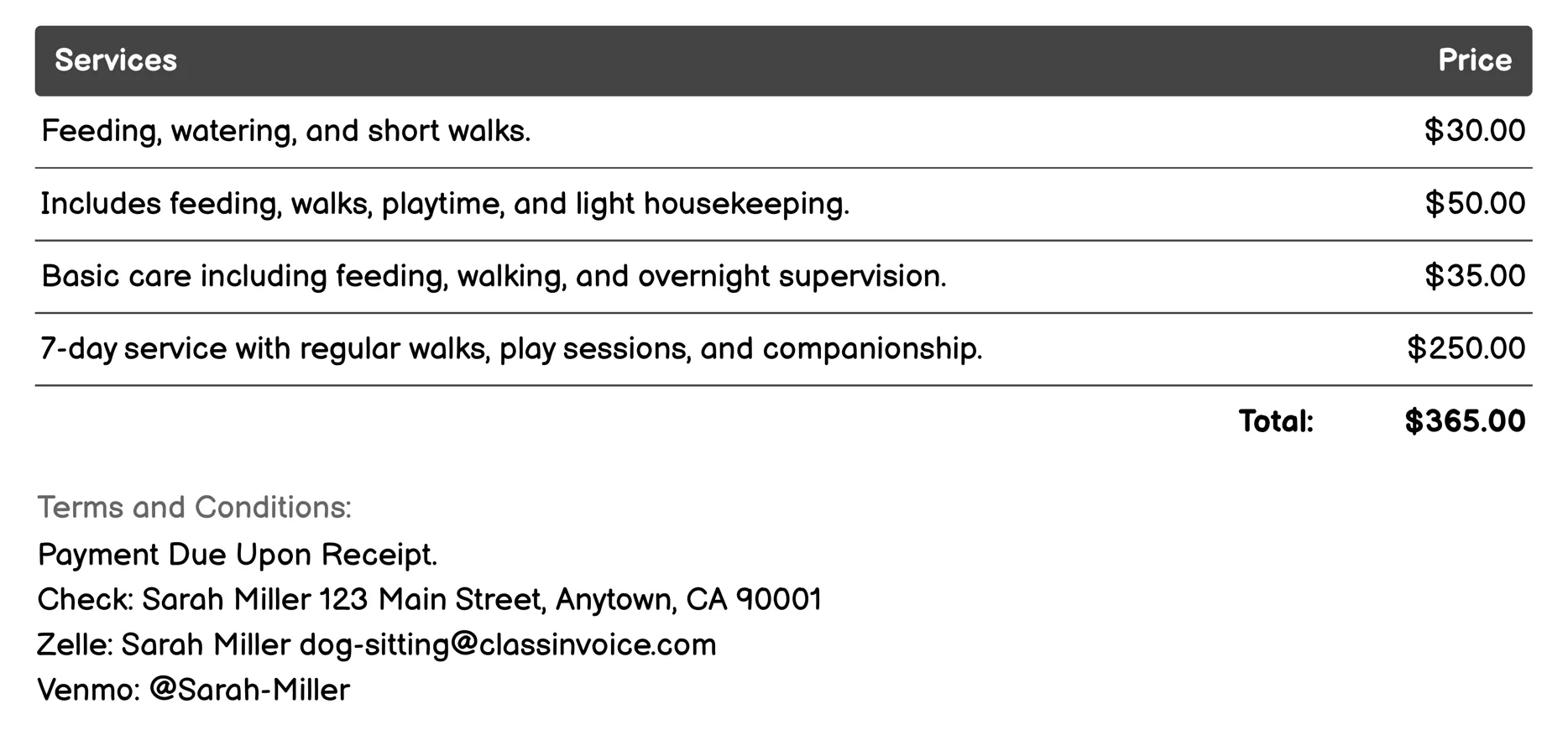 House Sitting with Dog Care Invoice Example