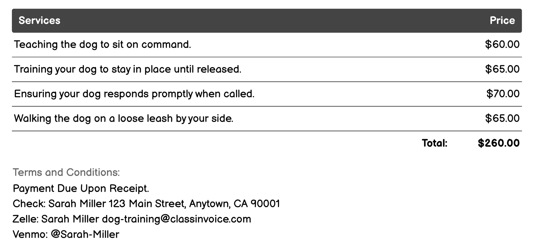 Basic Obedience Training Invoice Example