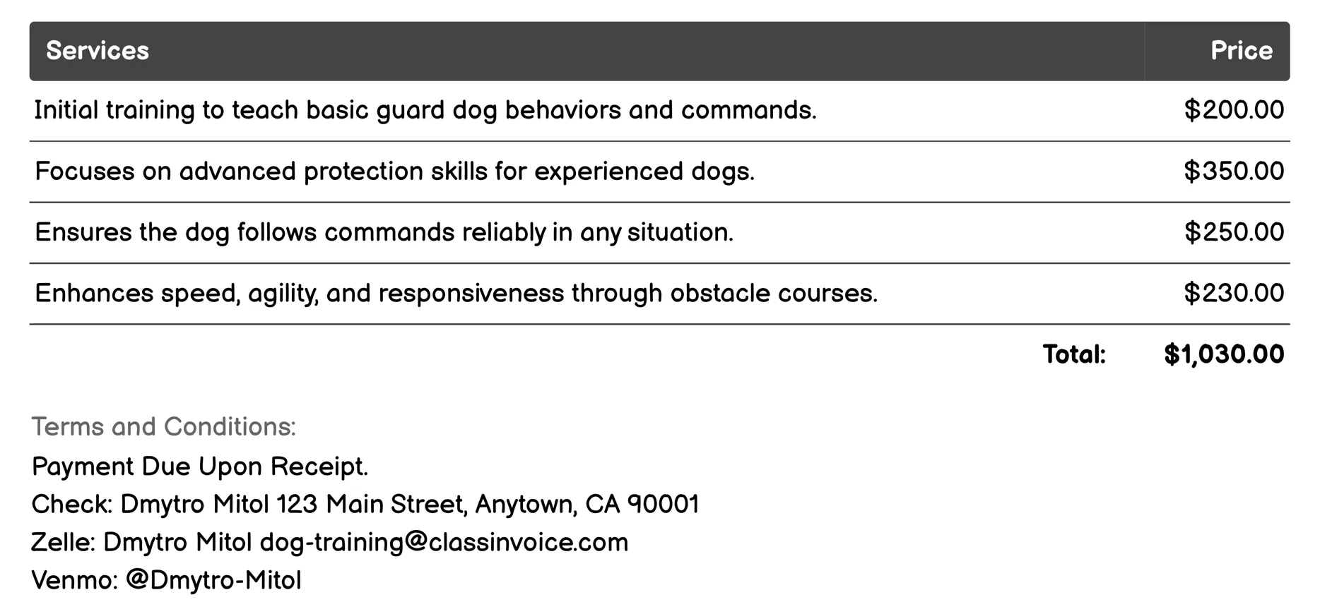 Guard or Protection Training Invoice Example
