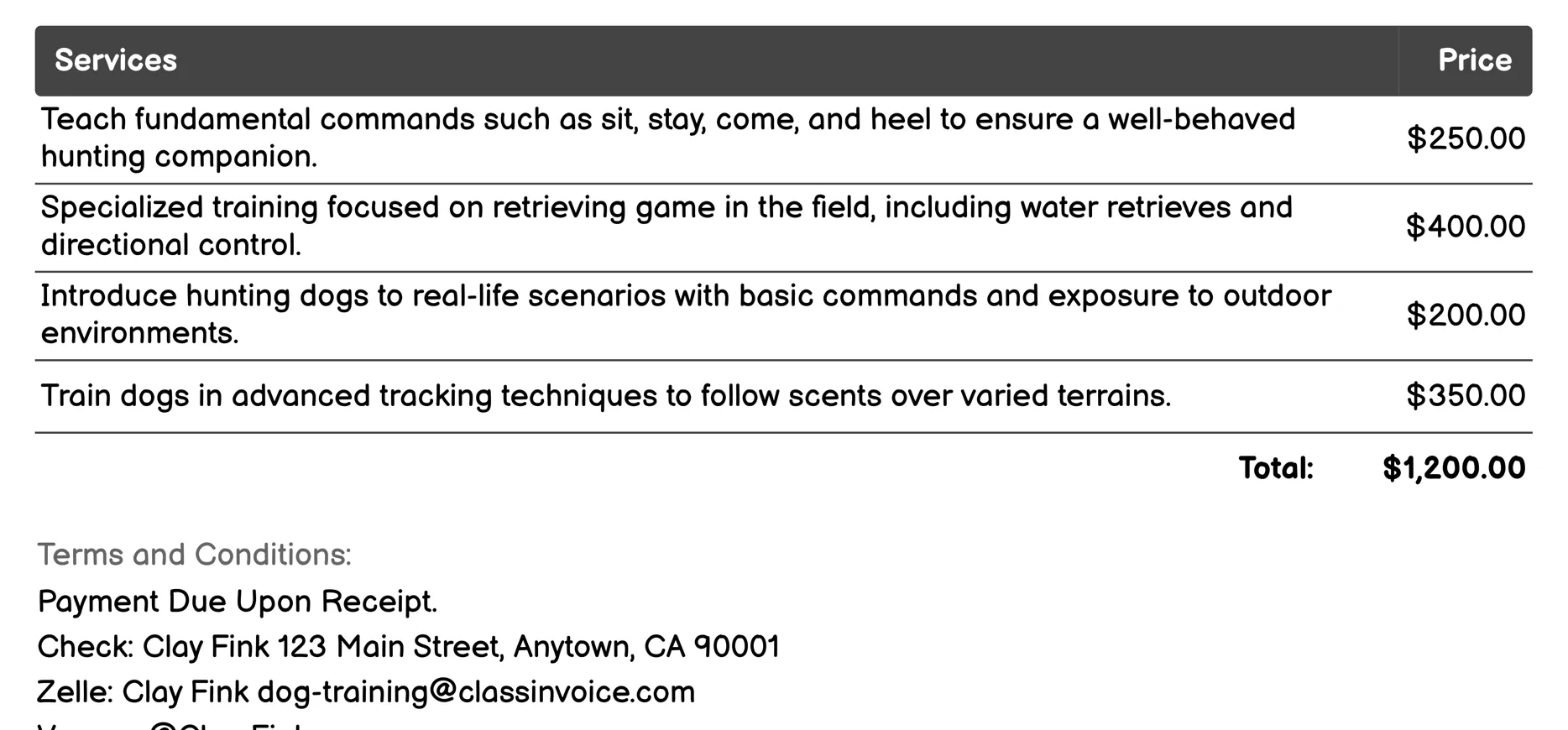 Hunting or Retrieval Training Invoice Example