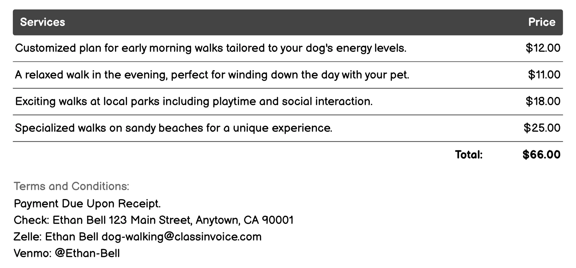 Customized Walk Plans Invoice Example