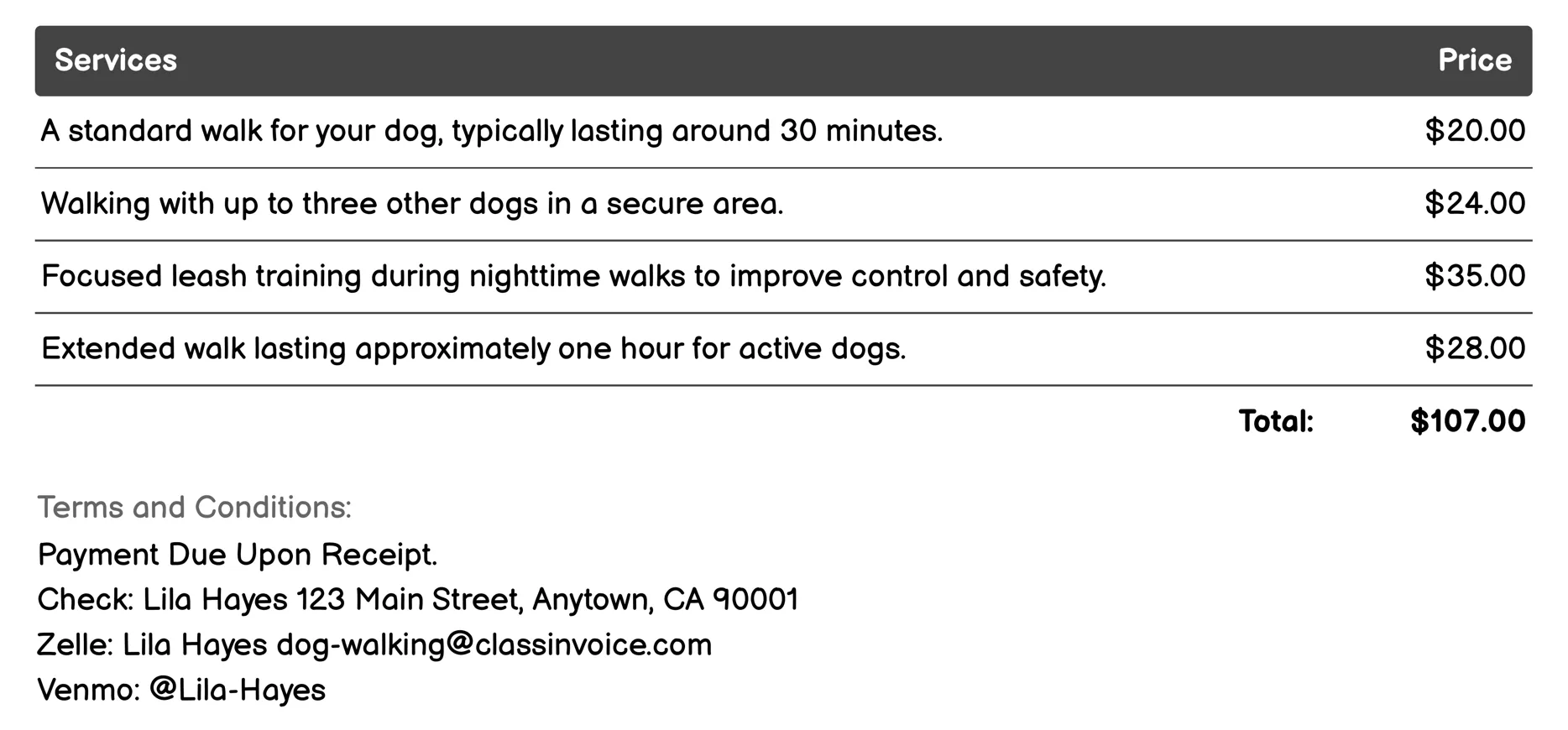 Nighttime Dog Walking Invoice Example
