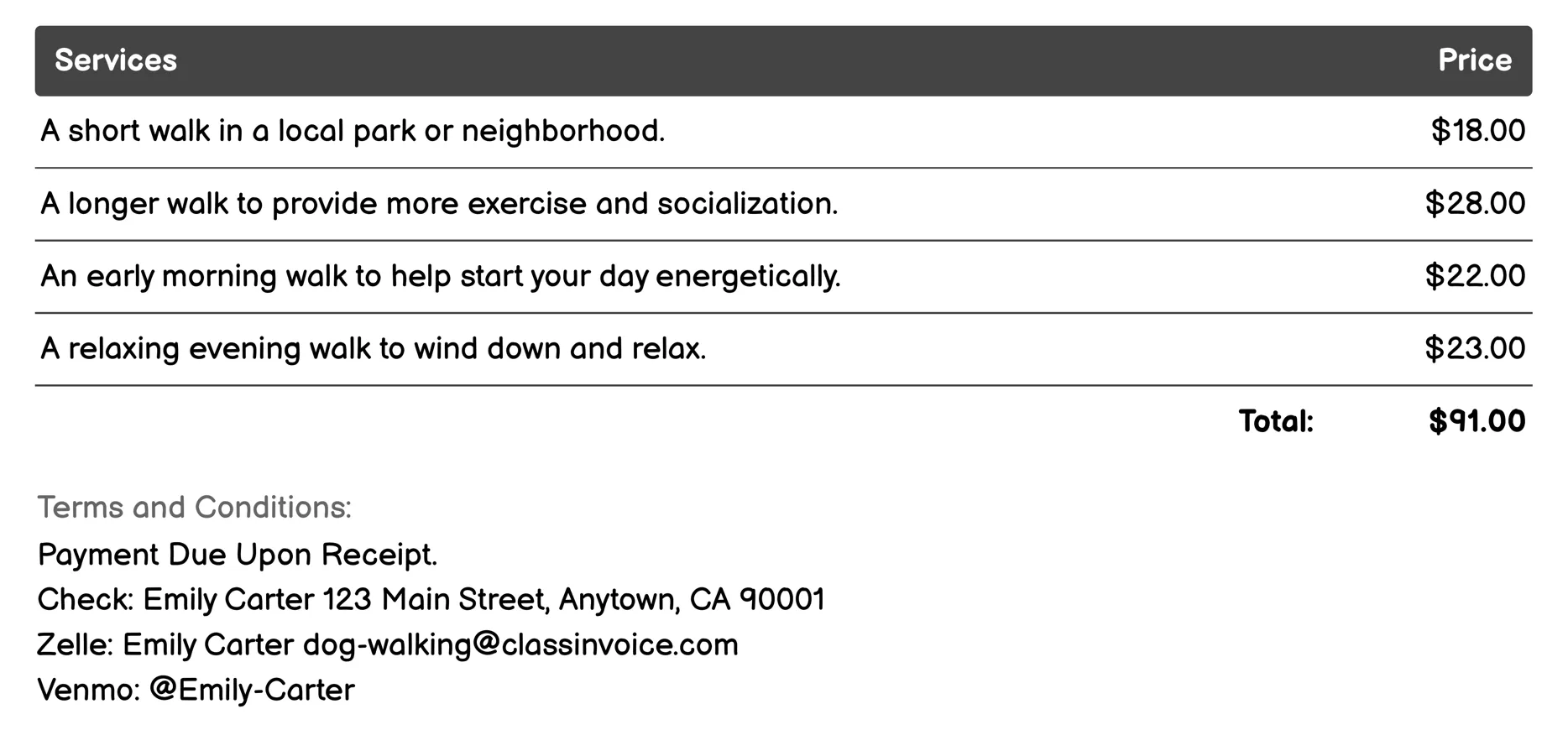 Therapeutic Walking Services Invoice Example