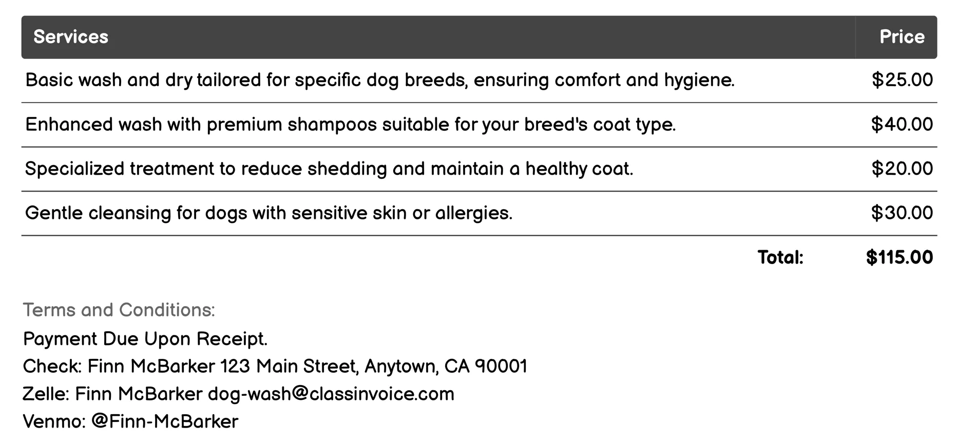 Breed-Specific Wash Invoice Example