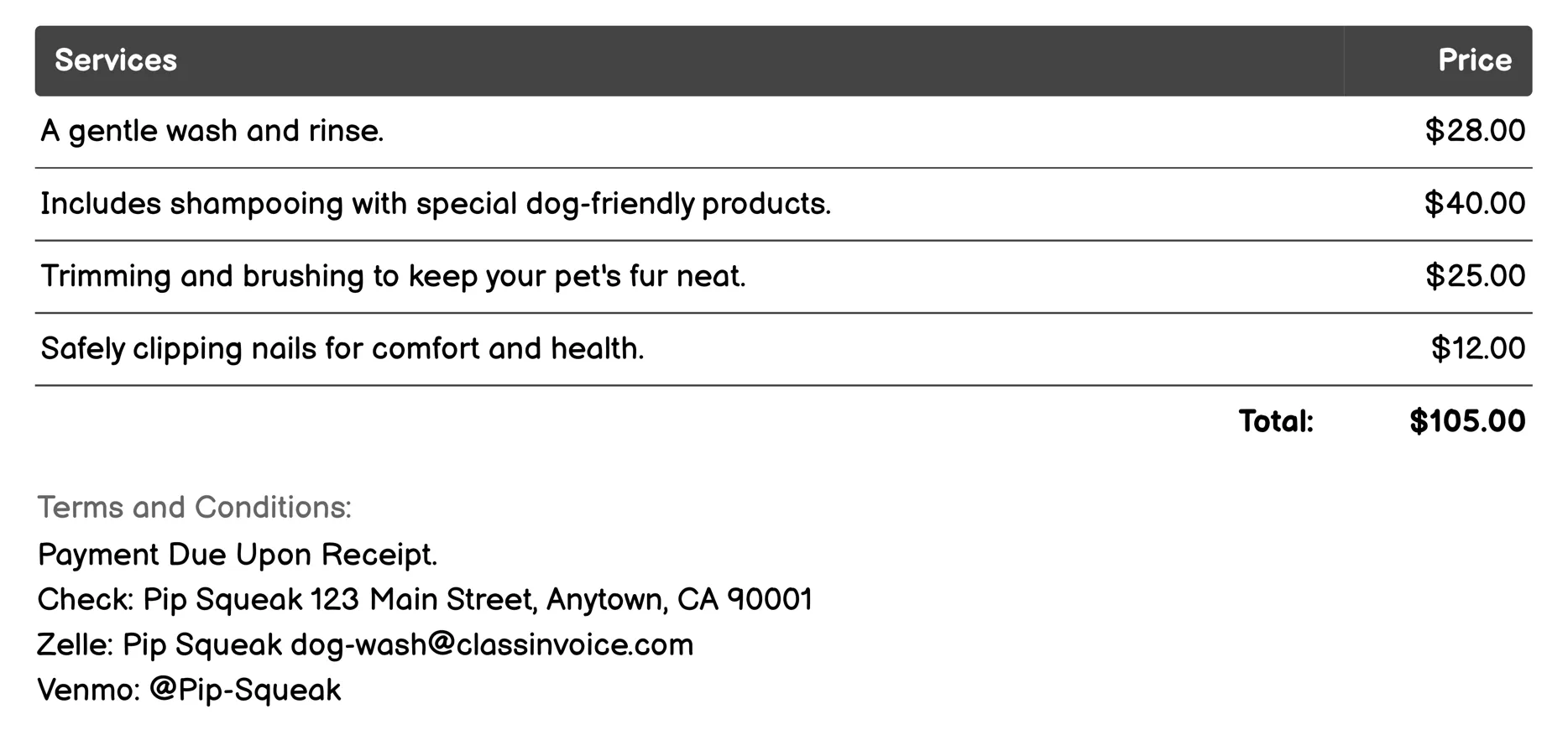 Pampered Pooch Spa Invoice Example