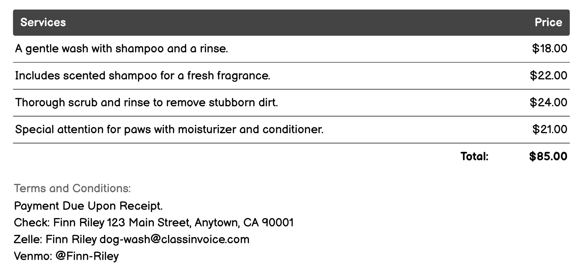 Puppy Bath Time Invoice Example
