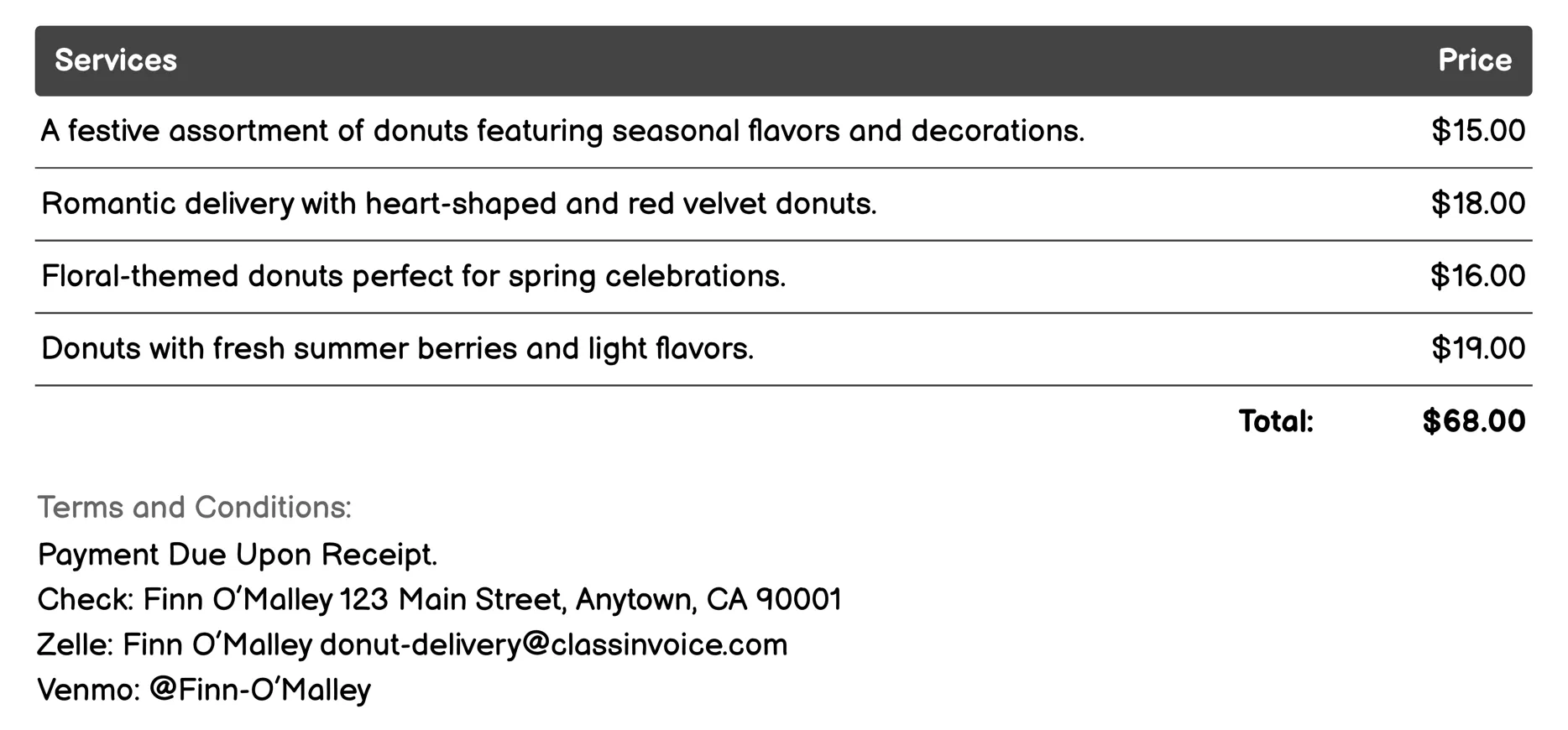 Seasonal Specials Delivery Invoice Example