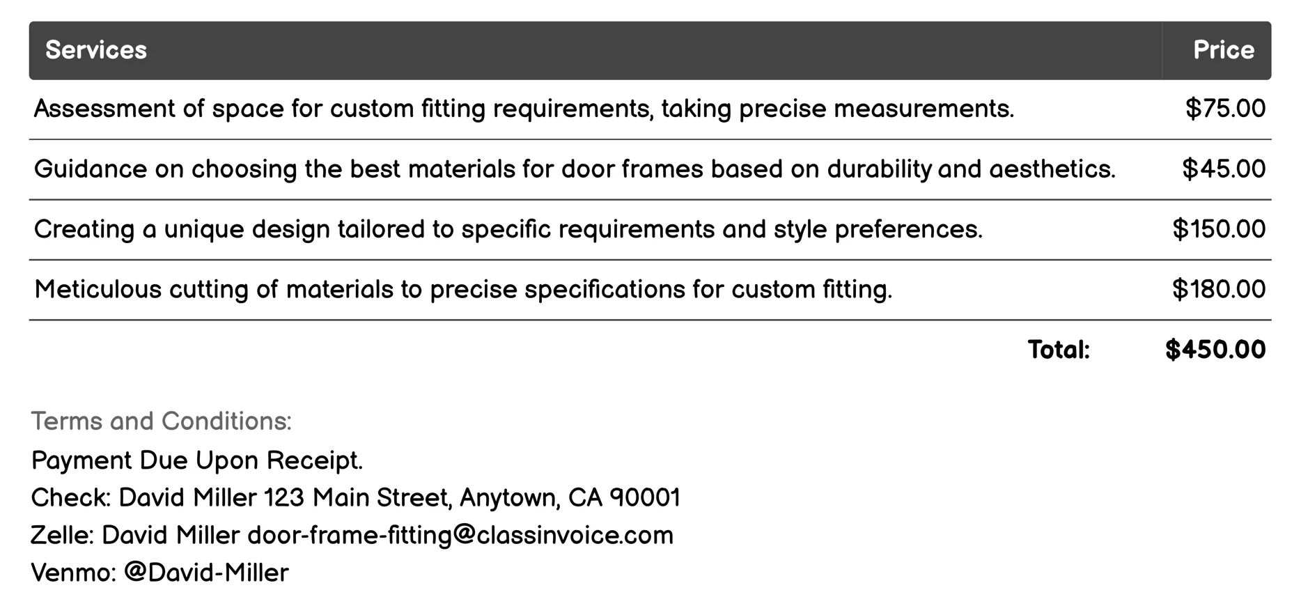 Custom Fitting Invoice Example