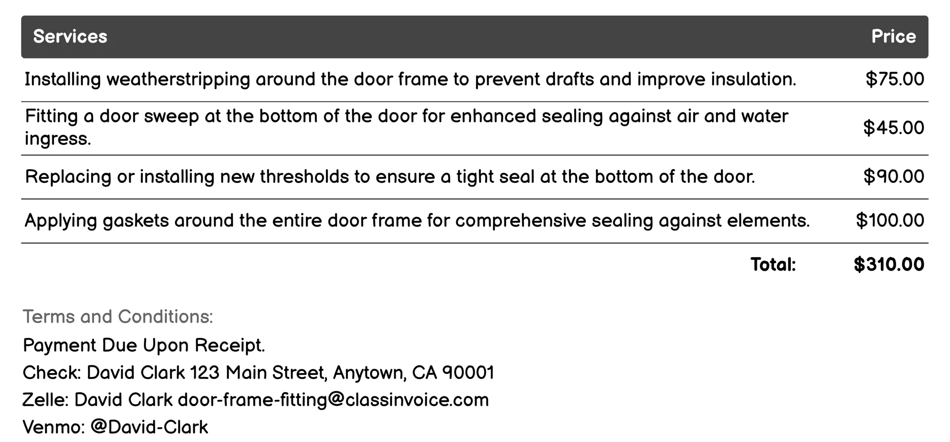 Sealing Invoice Example