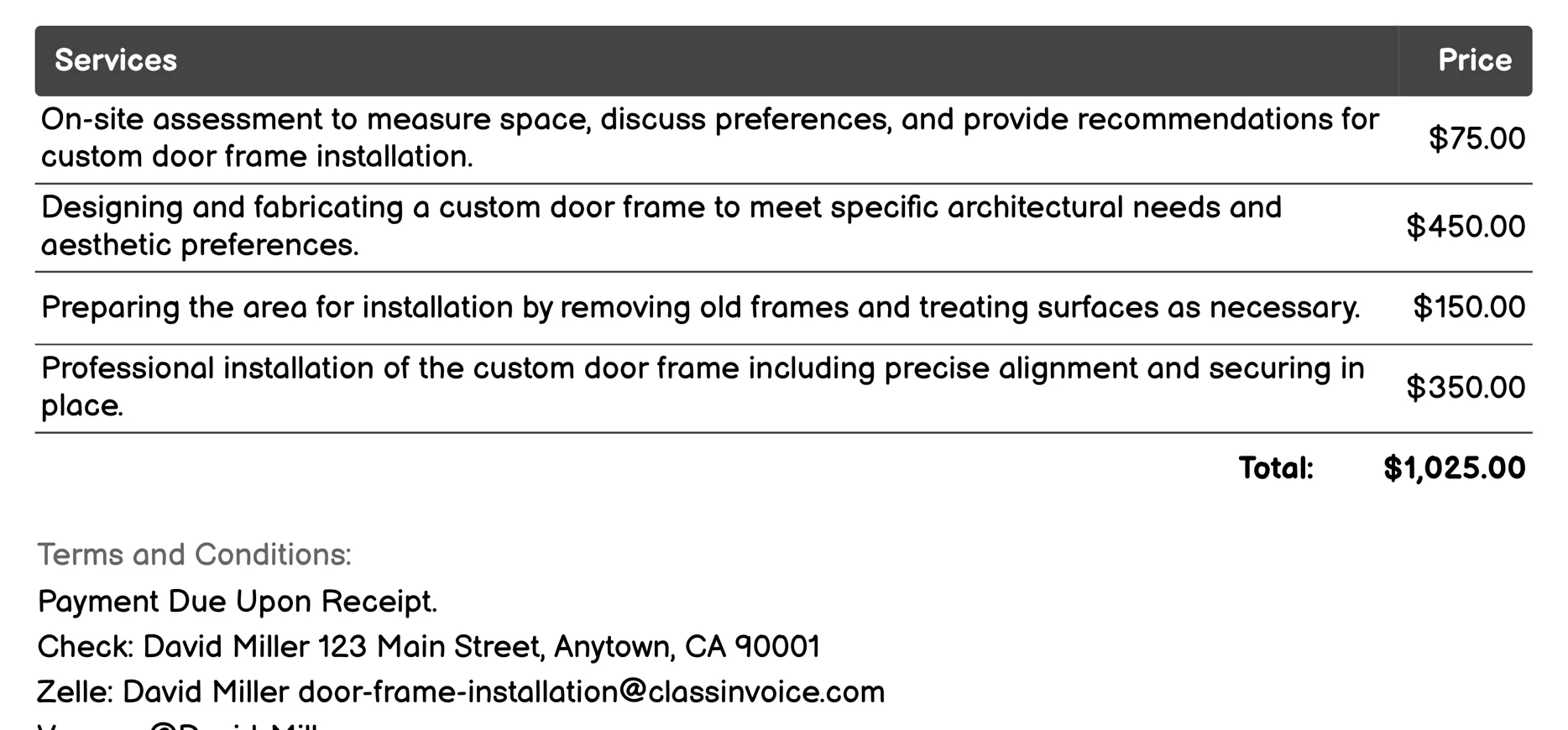 Custom Door Frame Installation Invoice Example