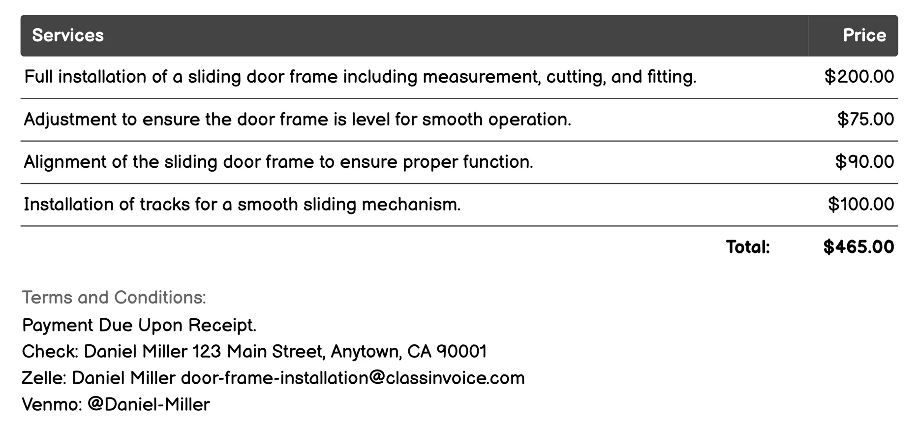 Sliding Door Frame Installation Invoice Example