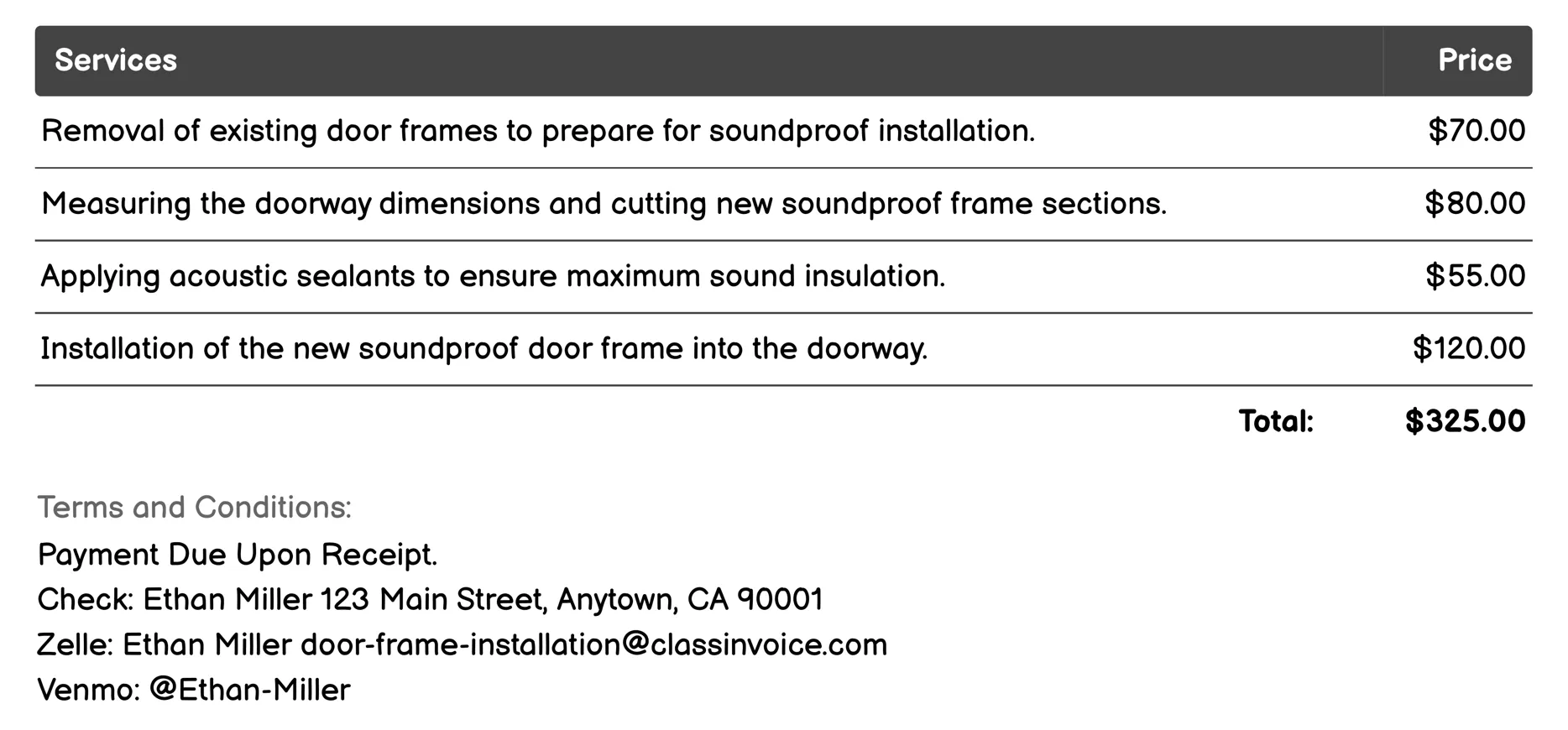 Soundproof Door Frame Installation Invoice Example