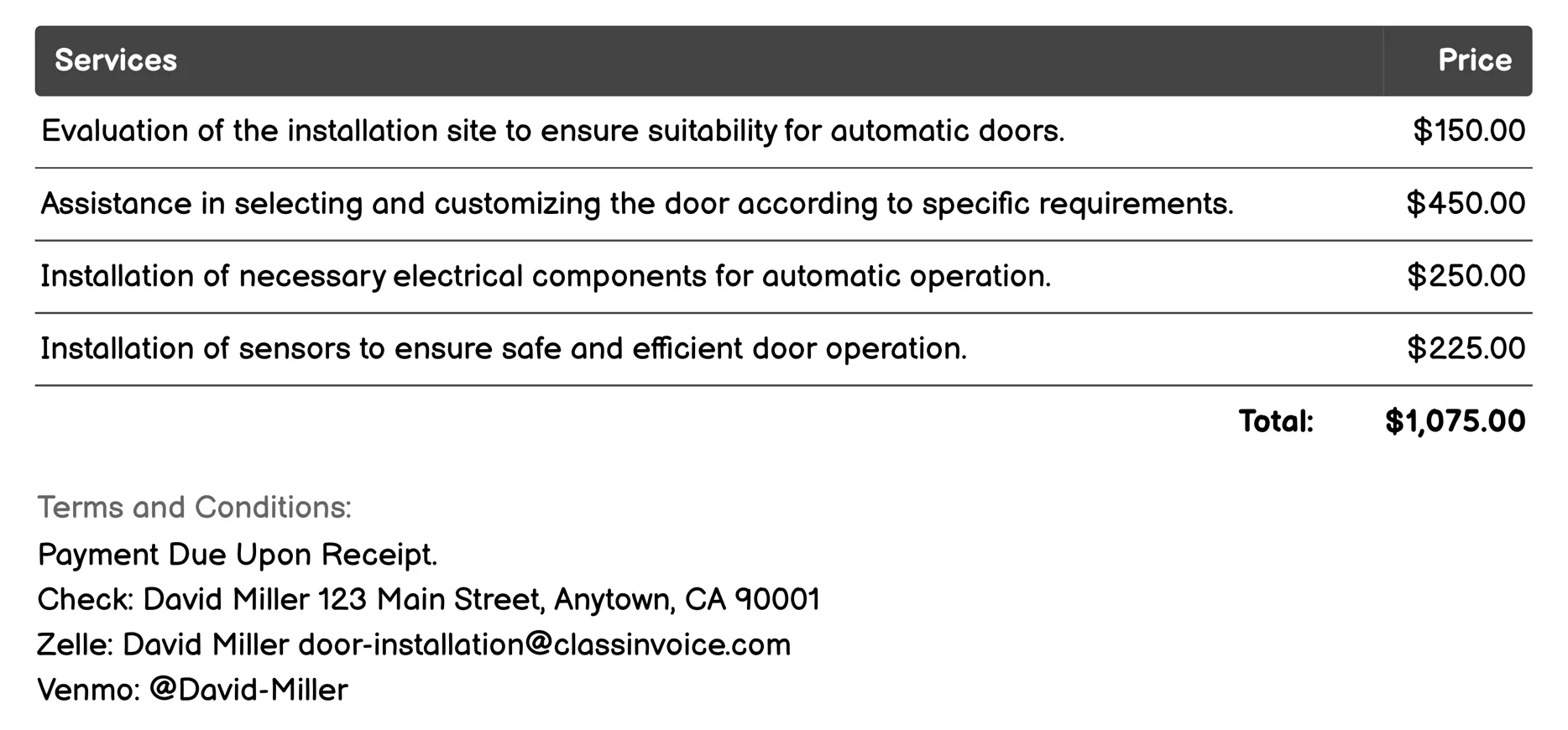 Automatic Door Installation Invoice Example