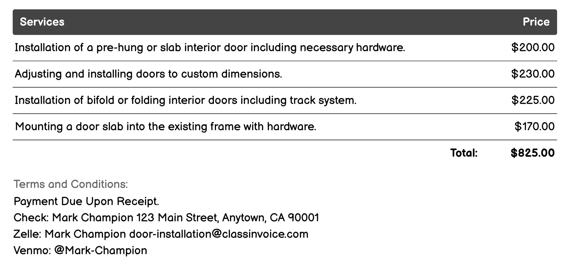 Interior Door Installation Invoice Example