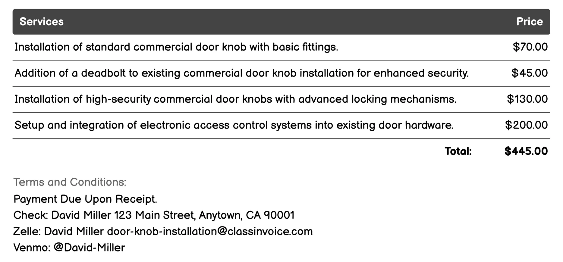 Commercial Door Knob Installation Invoice Example
