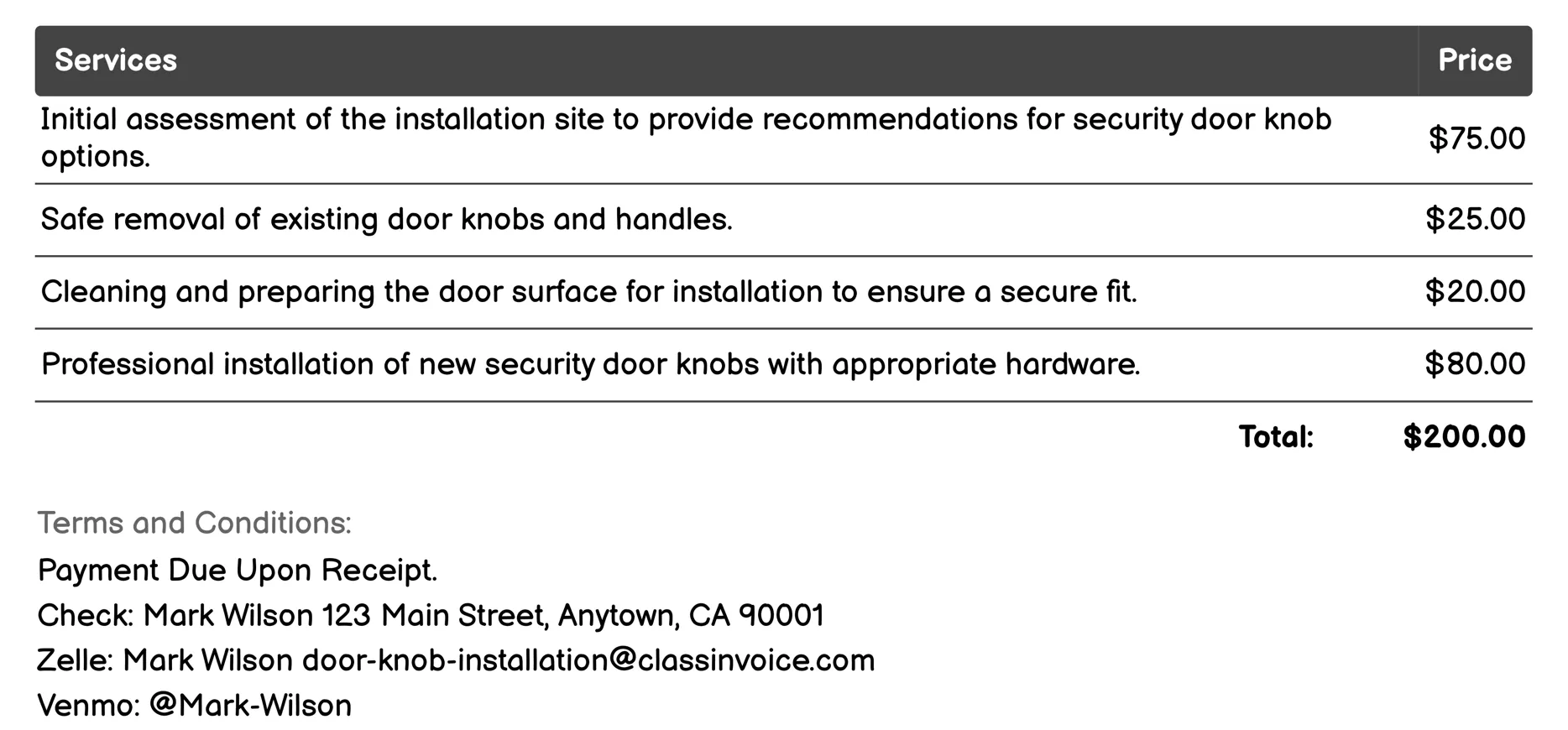 Security Door Knob Installation Invoice Example