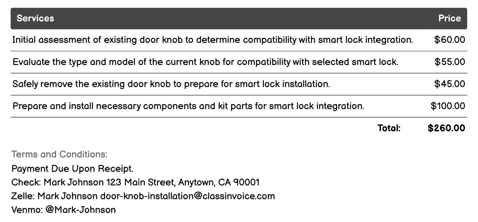 Smart Lock Integration with Existing Knob Invoice Example
