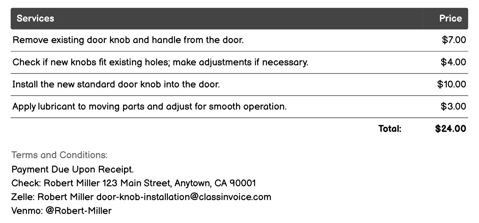 Standard Door Knob Installation Invoice Example