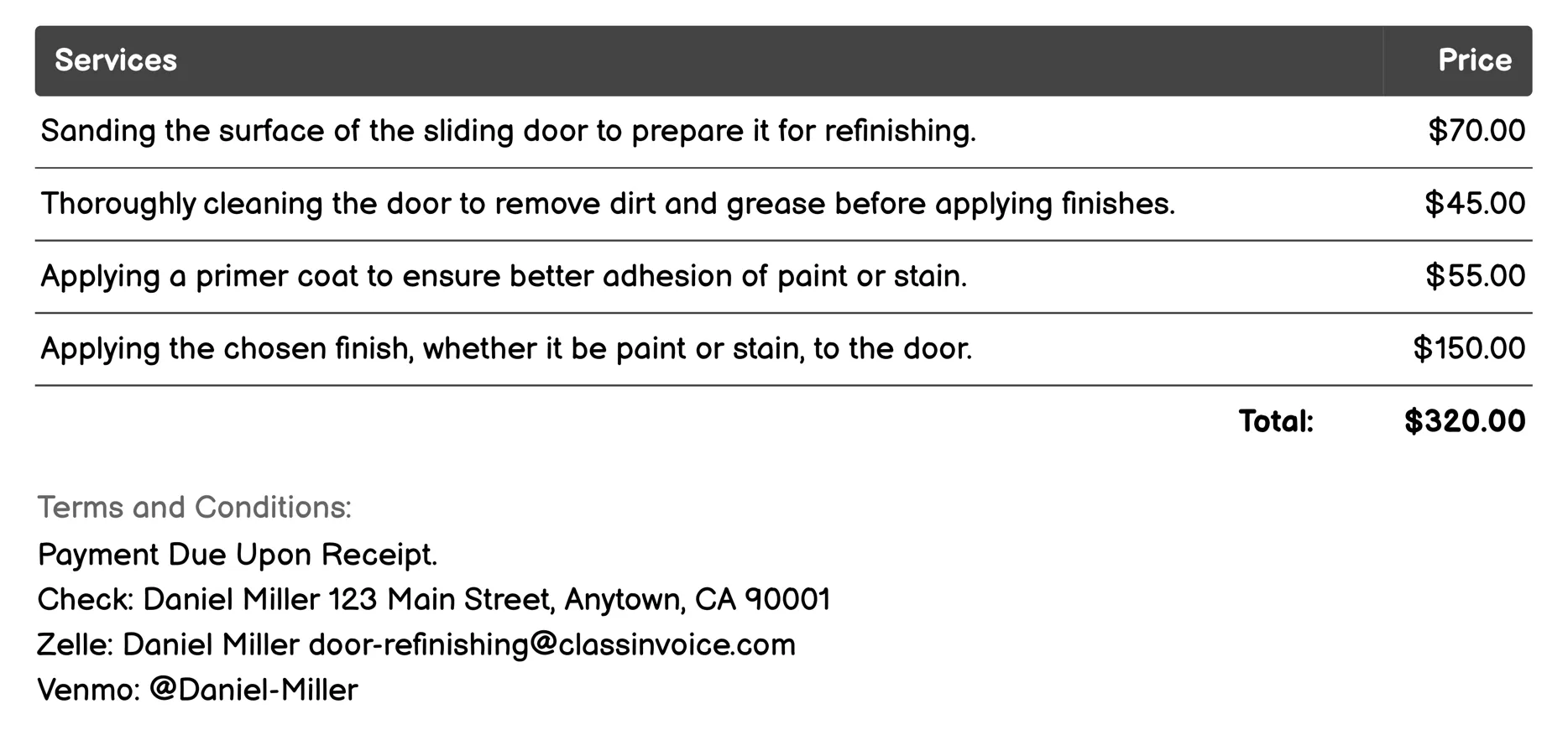 Sliding Door Refinishing Invoice Example