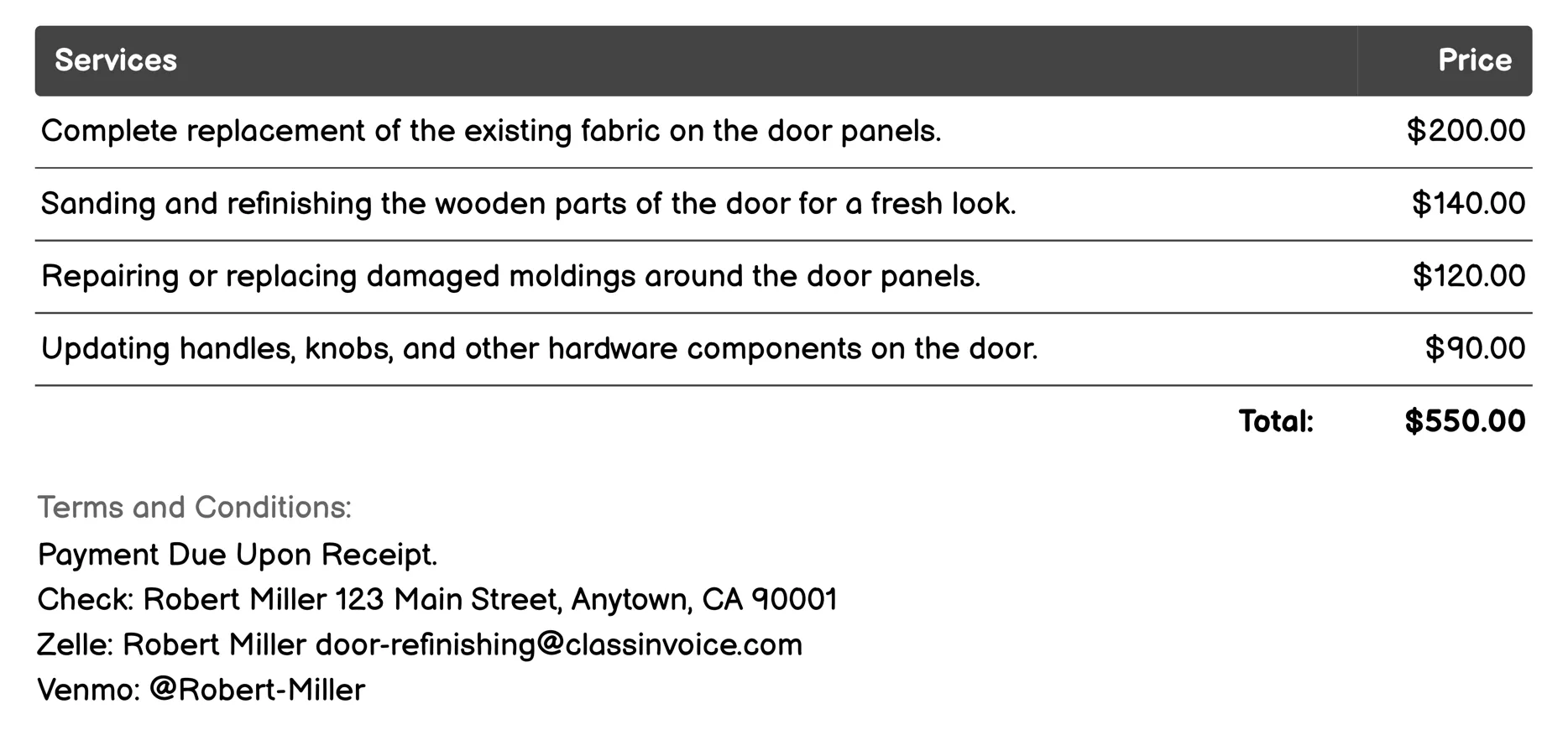 Upholstered Door Refinishing Invoice Example