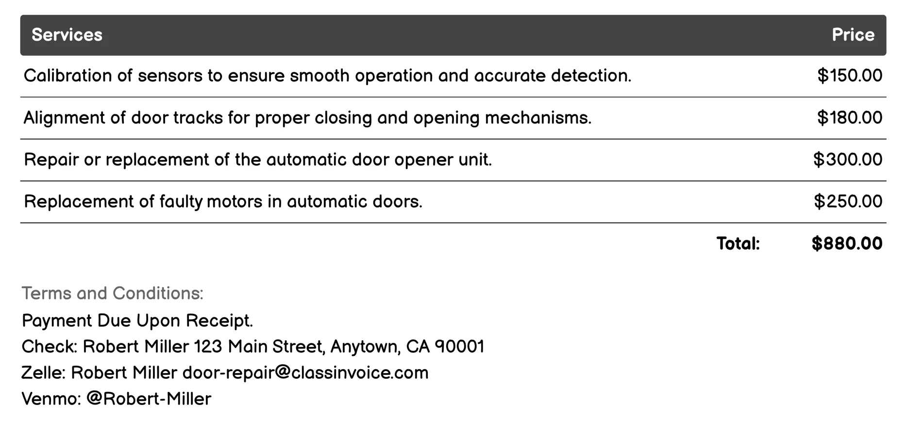 Automatic Door Fix Invoice Example