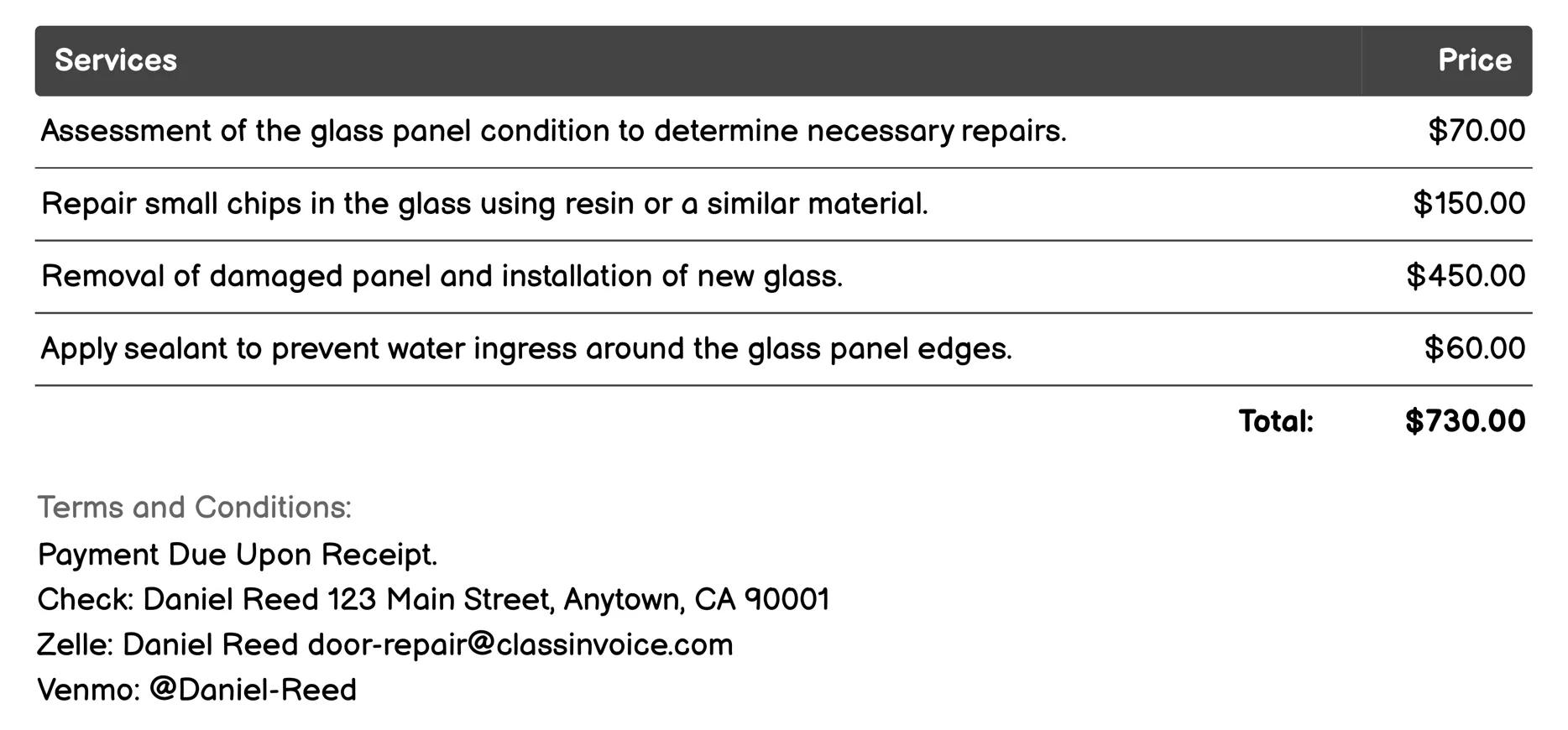 Glass Panel Repair Invoice Example