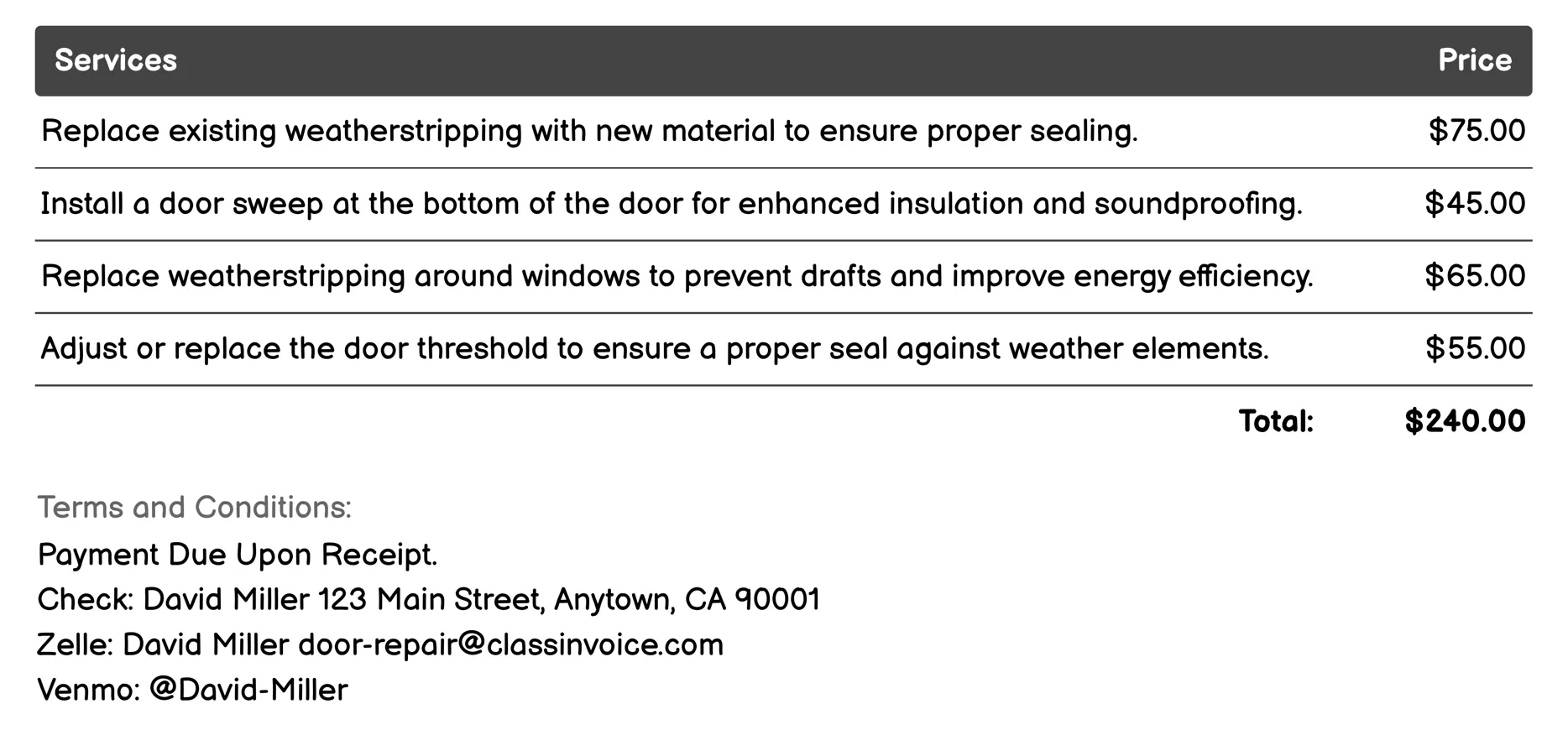 Weatherstripping Installation Invoice Example