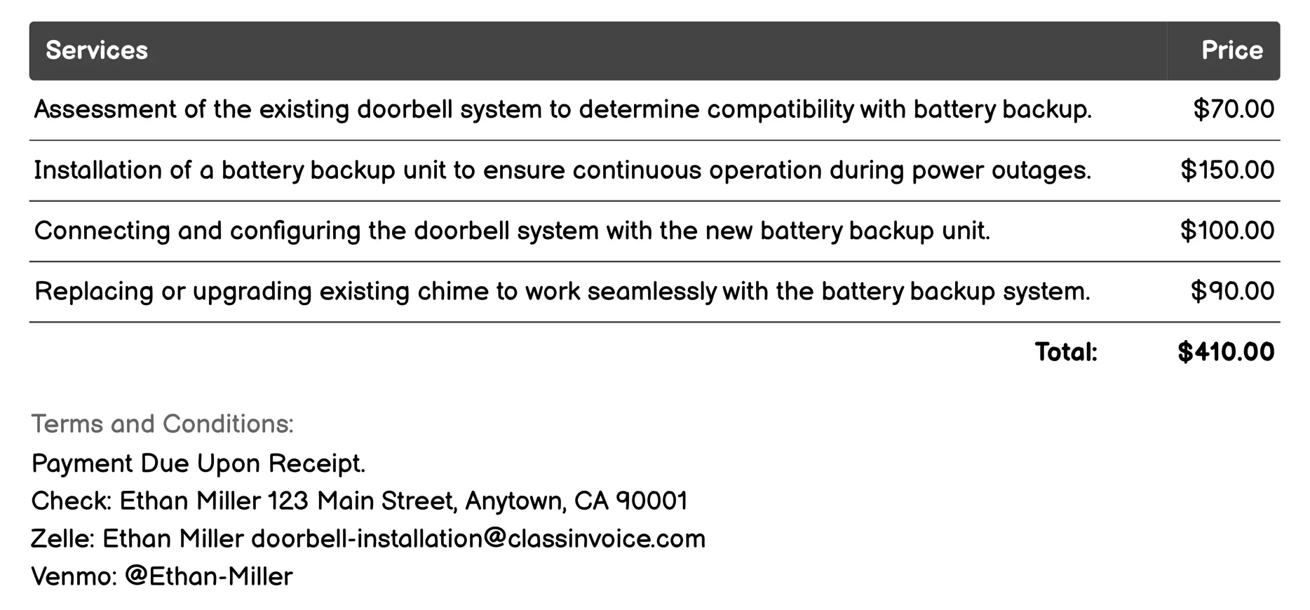 Battery Backup Installation Invoice Example