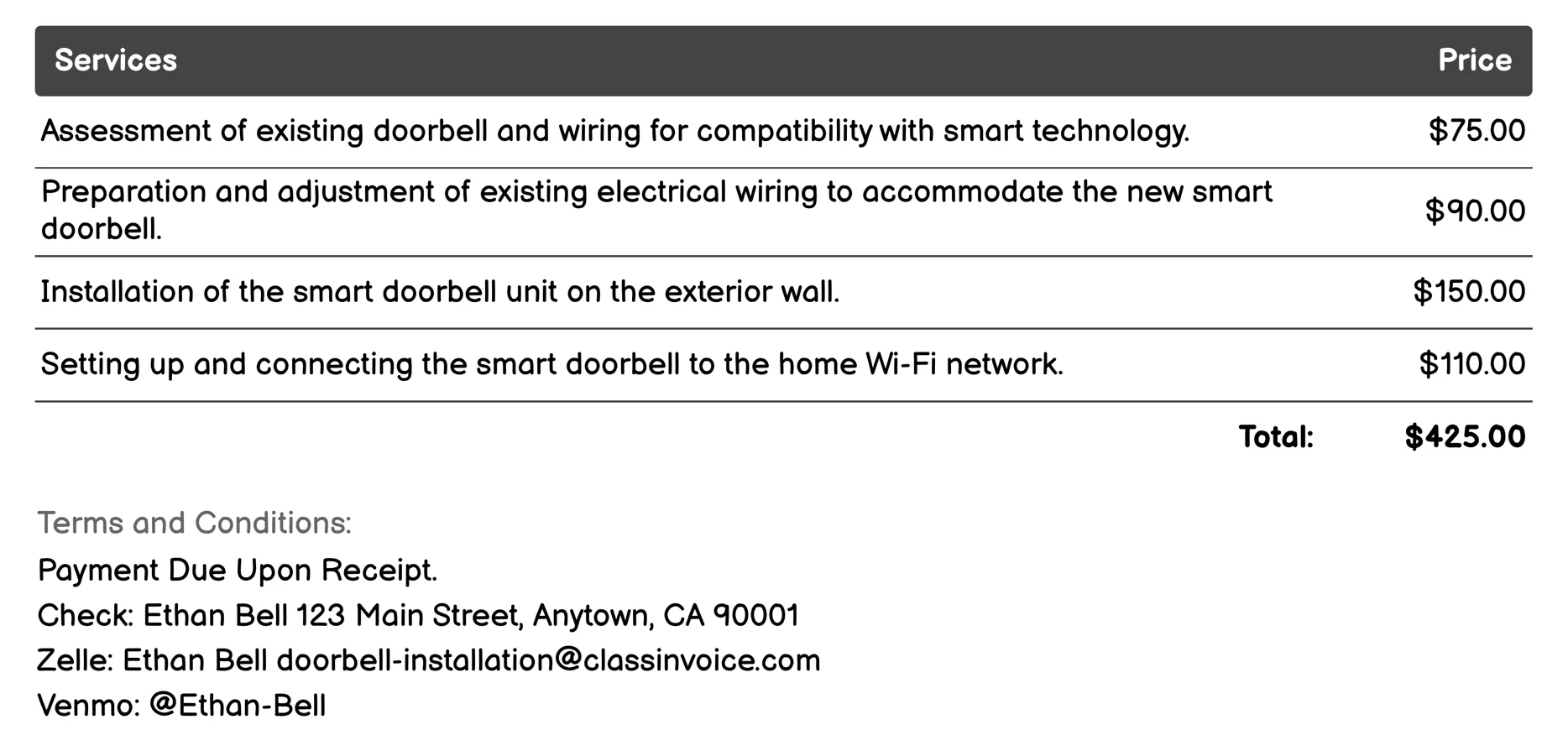 Smart Doorbell Installation Invoice Example