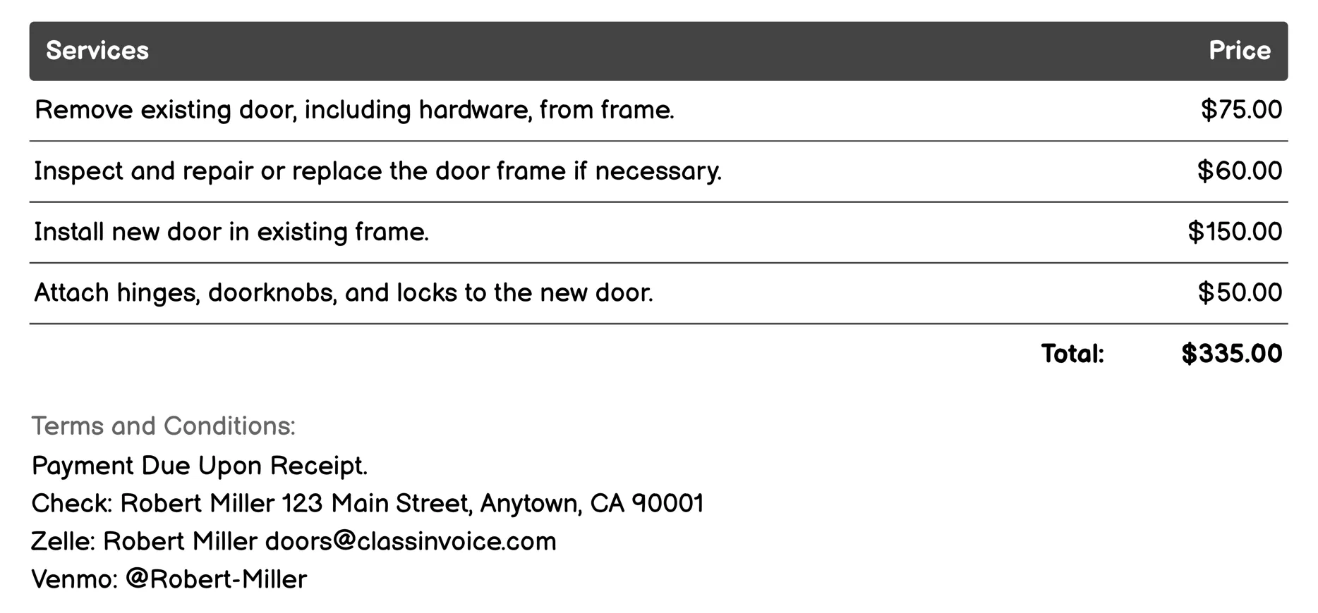 Door Replacement Invoice Example