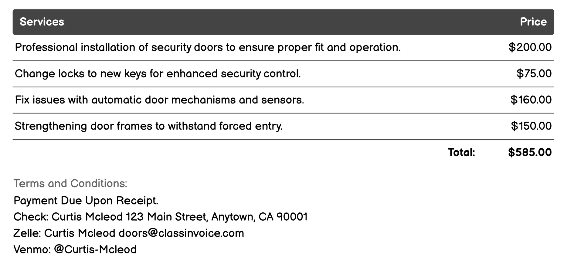 Security Door Services Invoice Example