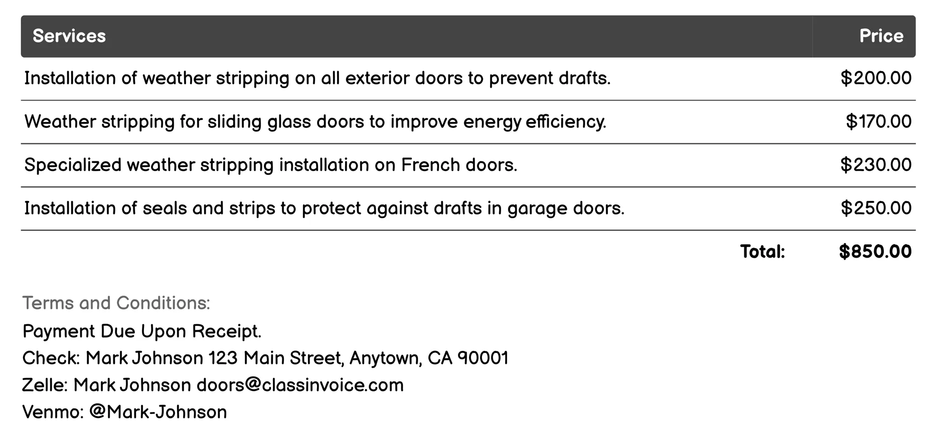 Weather Stripping Services Invoice Example