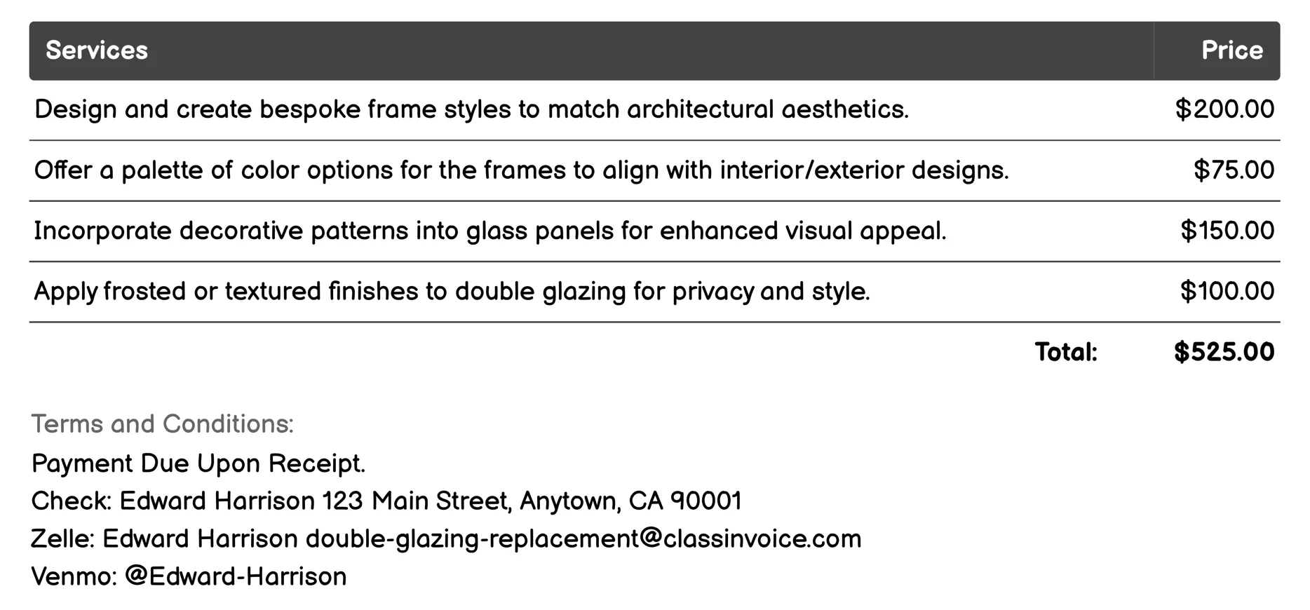 Aesthetic and Decorative Double Glazing Invoice Example