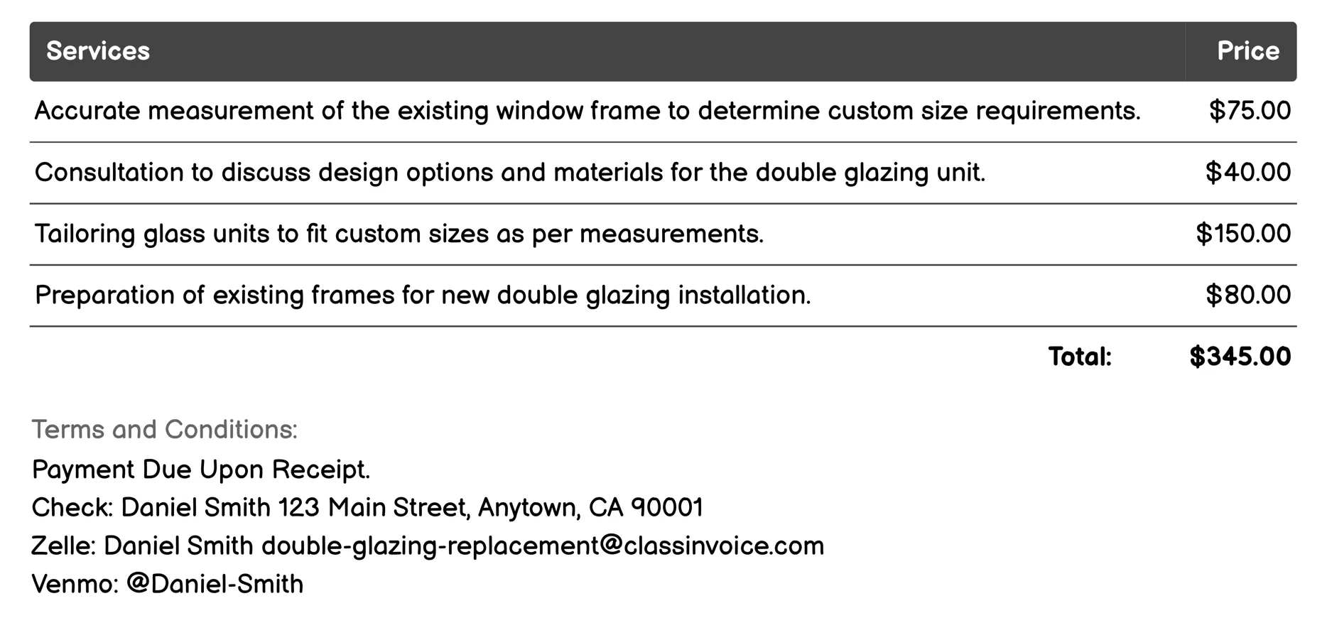 Custom Sized Double Glazing Invoice Example