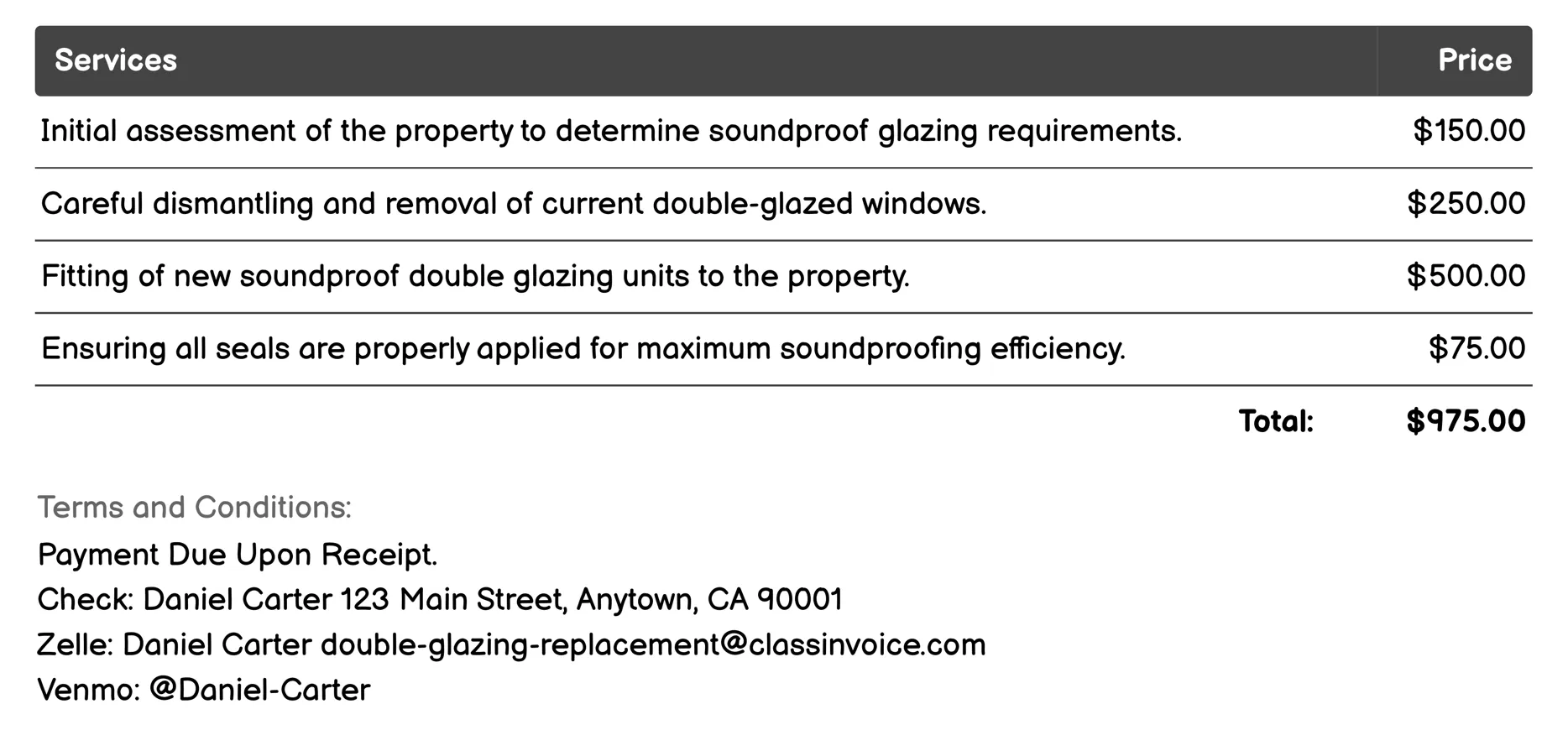 Soundproof Double Glazing Invoice Example
