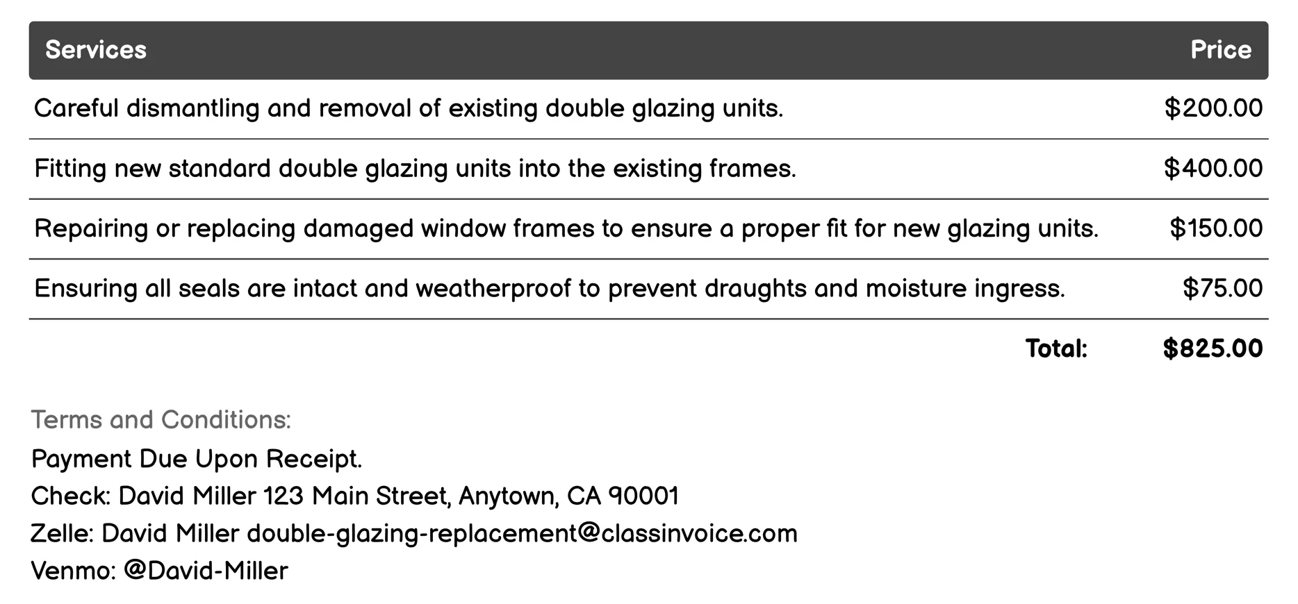 Standard Double Glazing Invoice Example